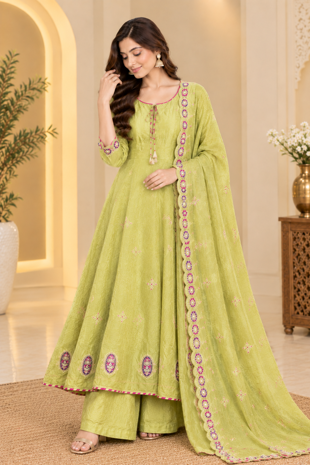 Pastel Green Embroidered Anarkali Palazzo Set with Dupatta