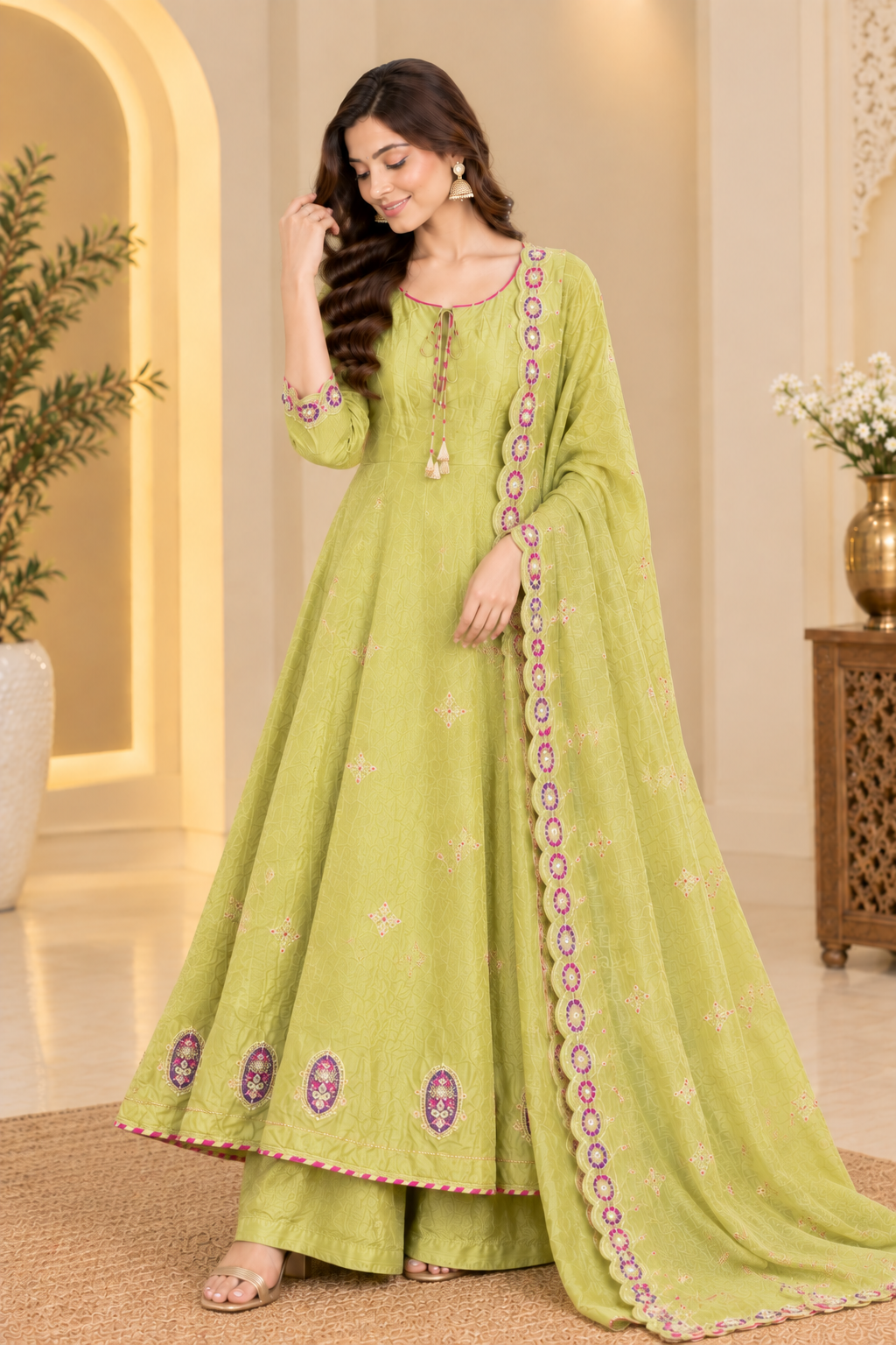 Pastel Green Embroidered Anarkali Palazzo Set with Dupatta