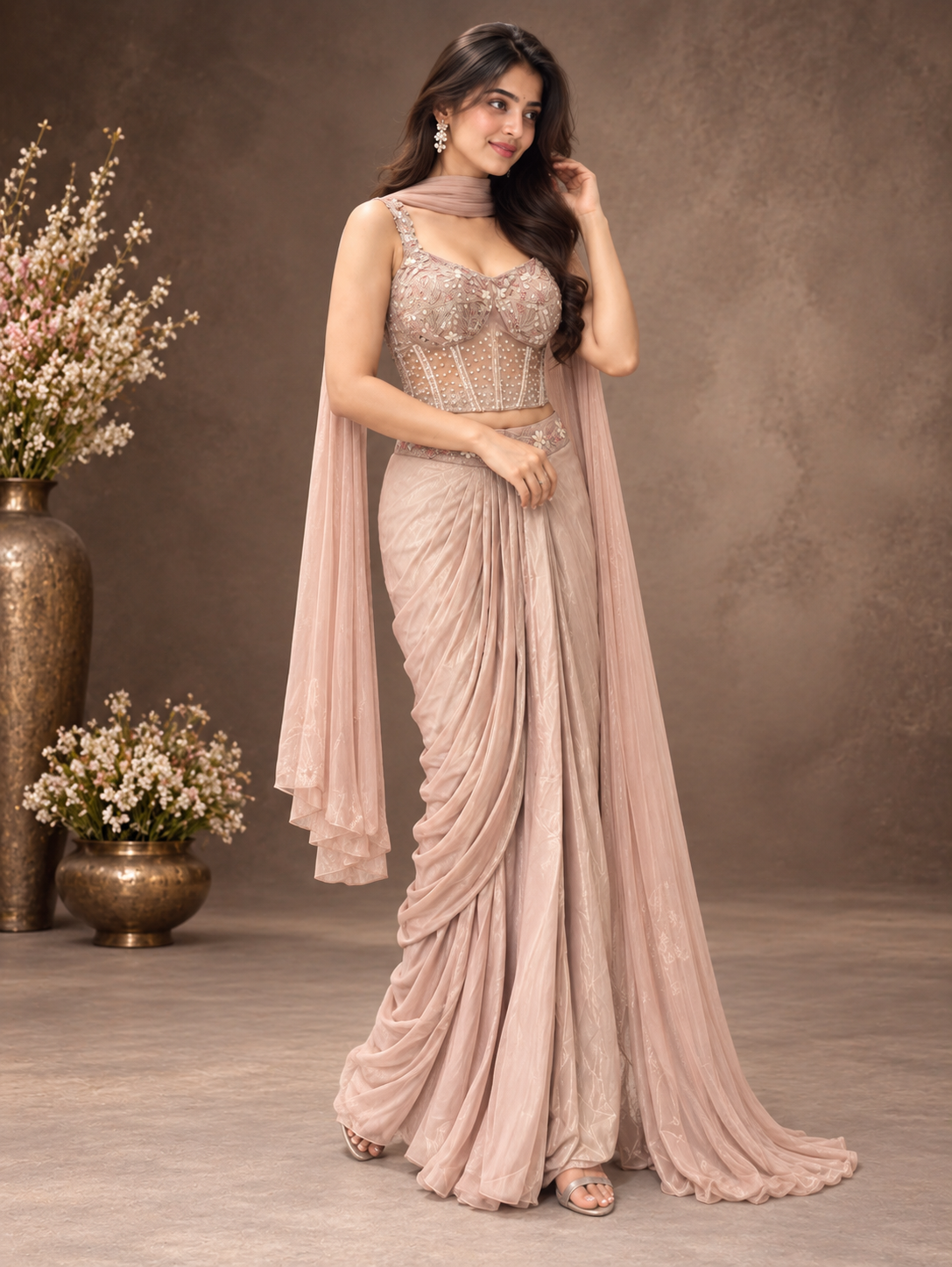 Blush Pink Draped Skirt & Embroidered Blouse Set