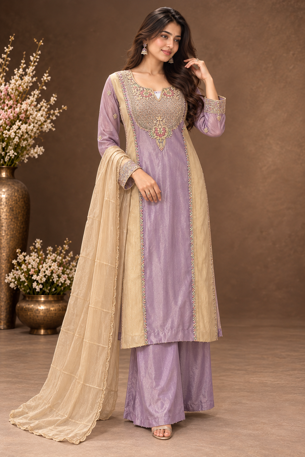 Elegant Lavender Embroidered Palazzo Suit Set