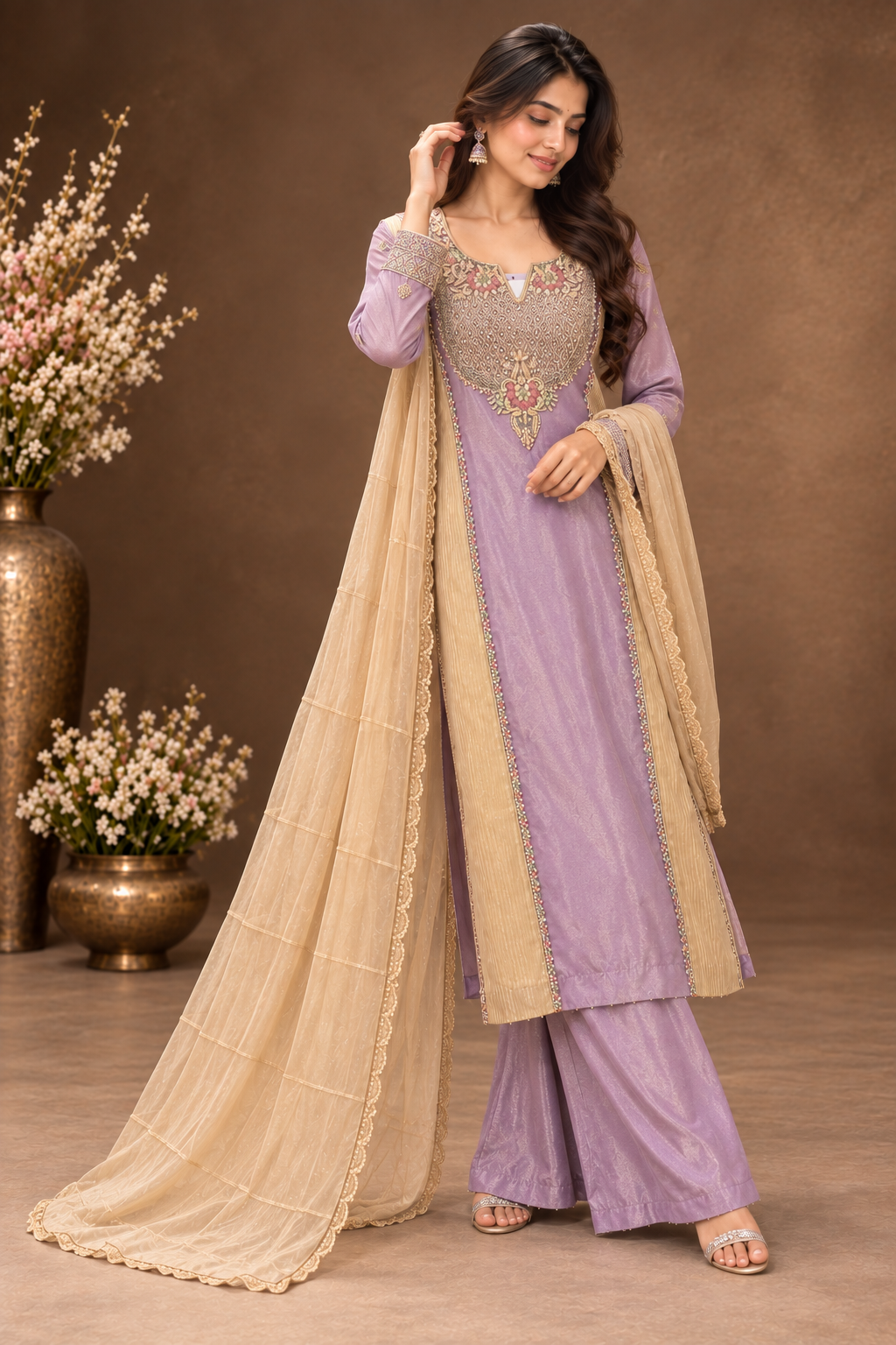 Elegant Lavender Embroidered Palazzo Suit Set