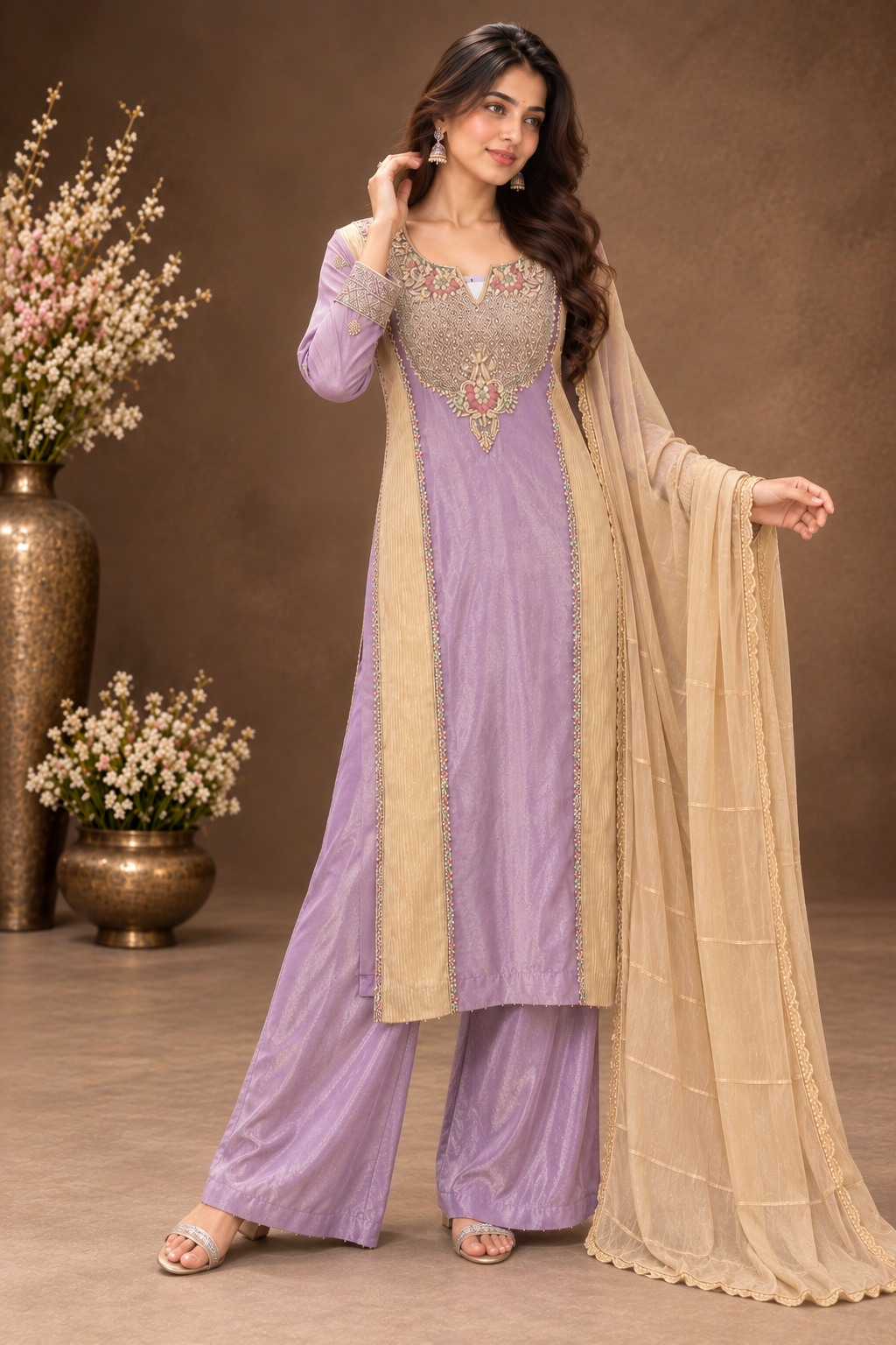 Elegant Lavender Embroidered Palazzo Suit Set