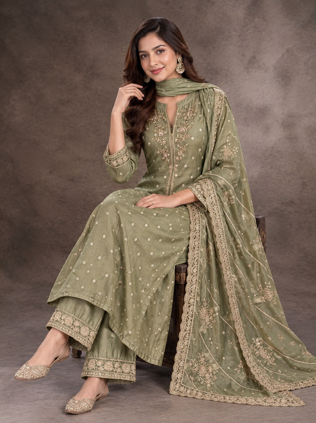Olive Green Embroidered Anarkali Suit Set with Dupatta