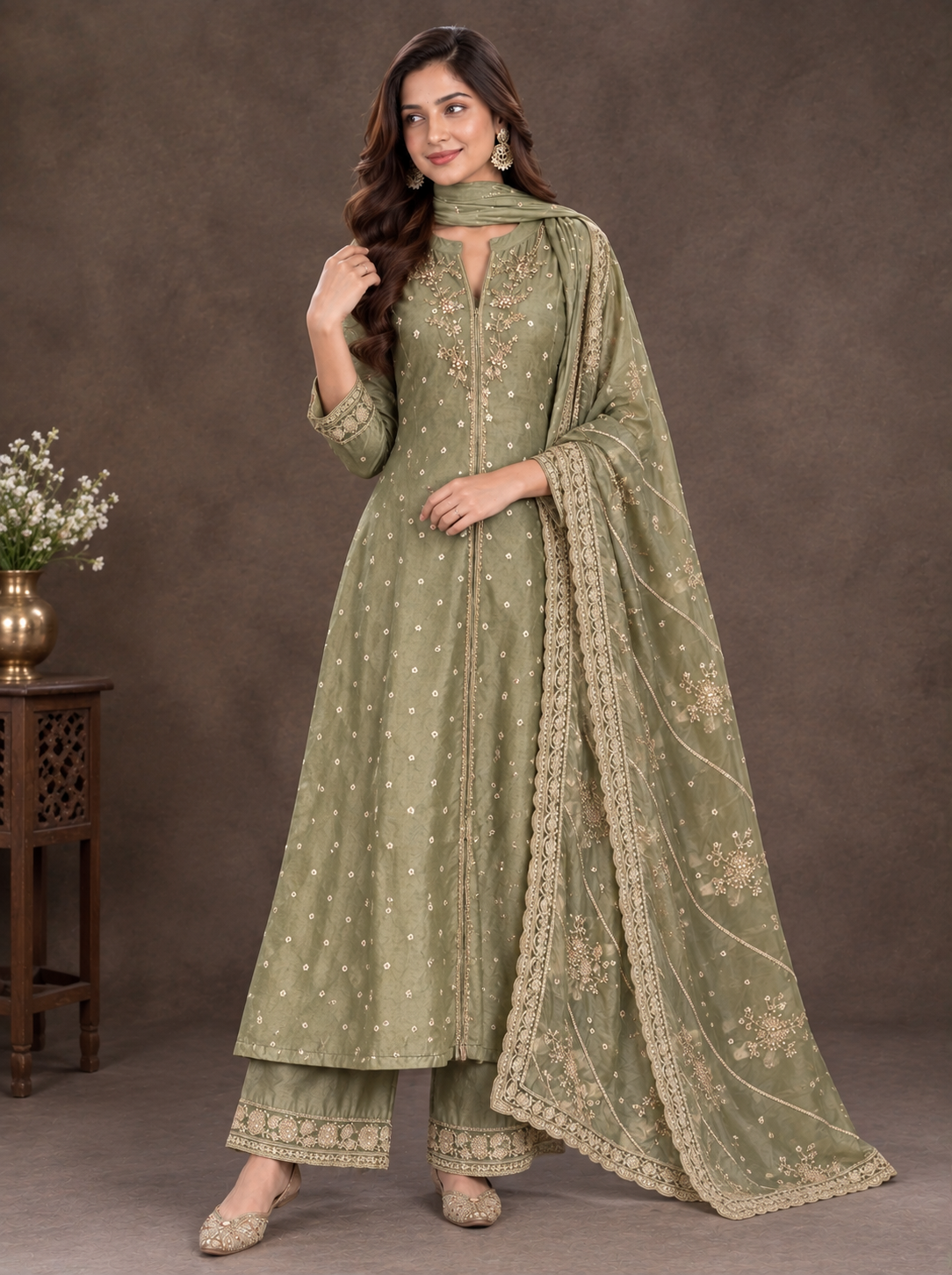Olive Green Embroidered Anarkali Suit Set with Dupatta