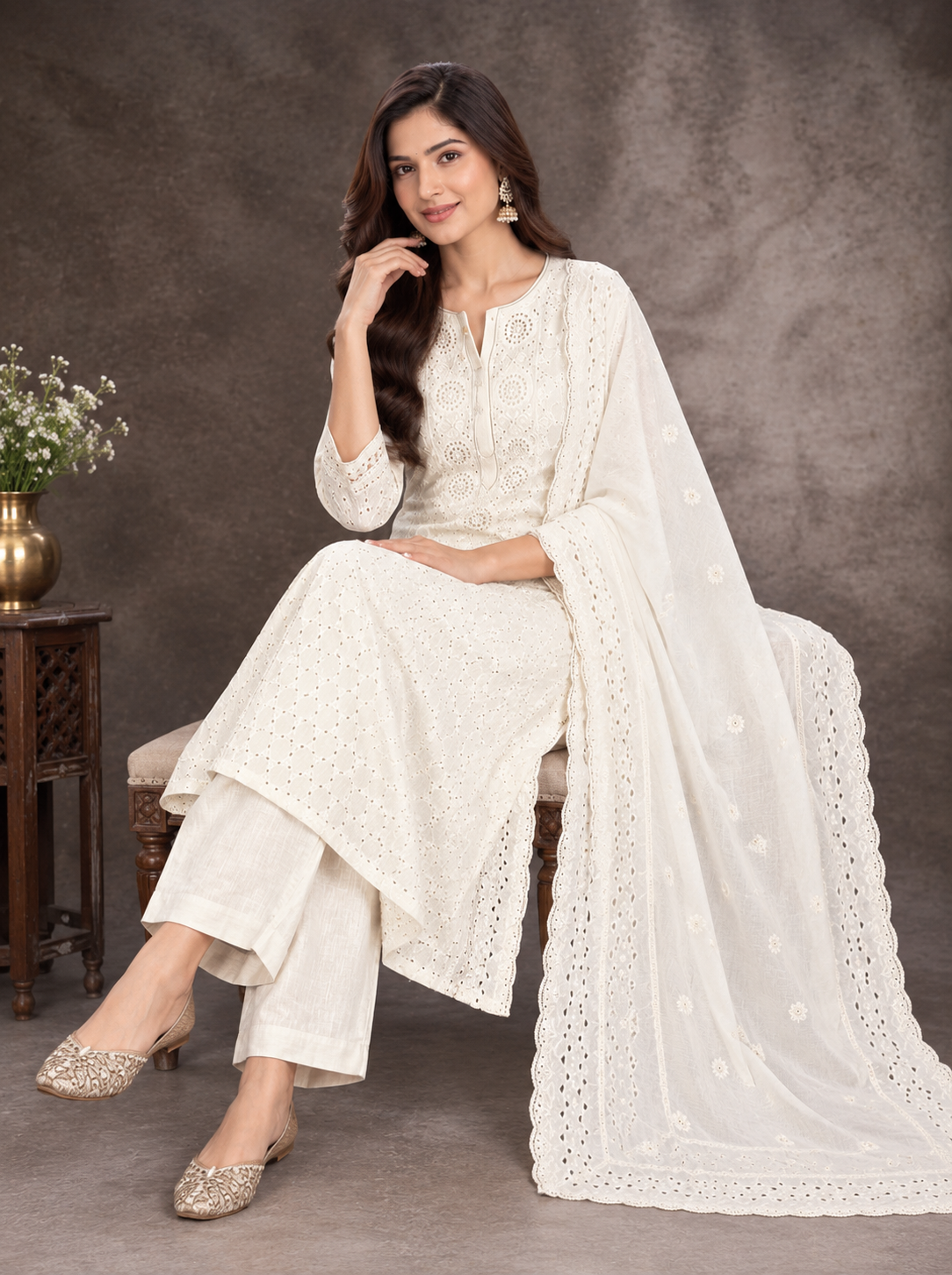 Elegant White Embroidered Straight Suit Set with Dupatta