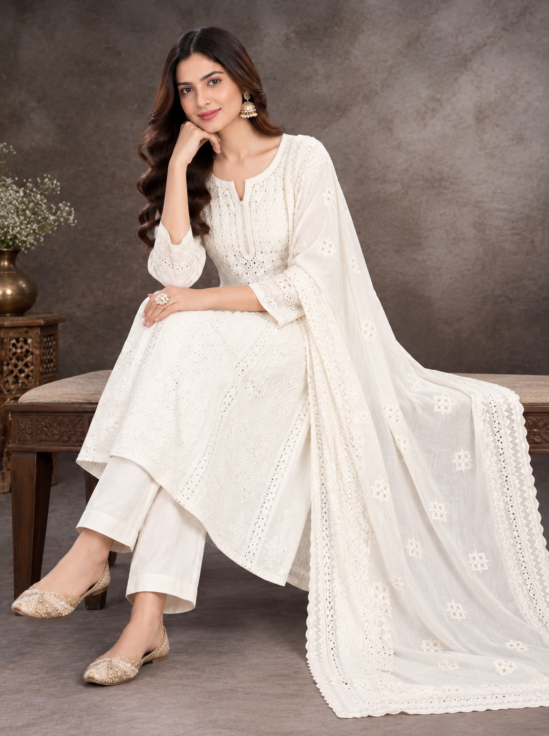 Elegant White Chikankari Embroidered Kurta Set with Dupatta