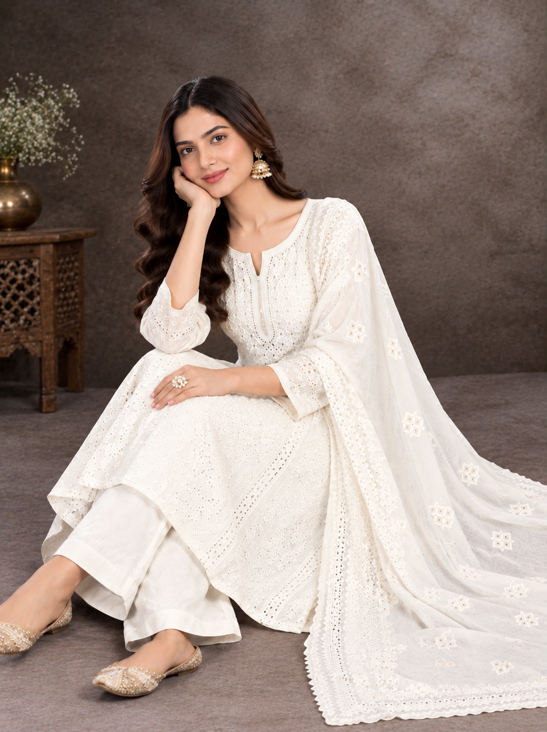 Elegant White Chikankari Embroidered Kurta Set with Dupatta