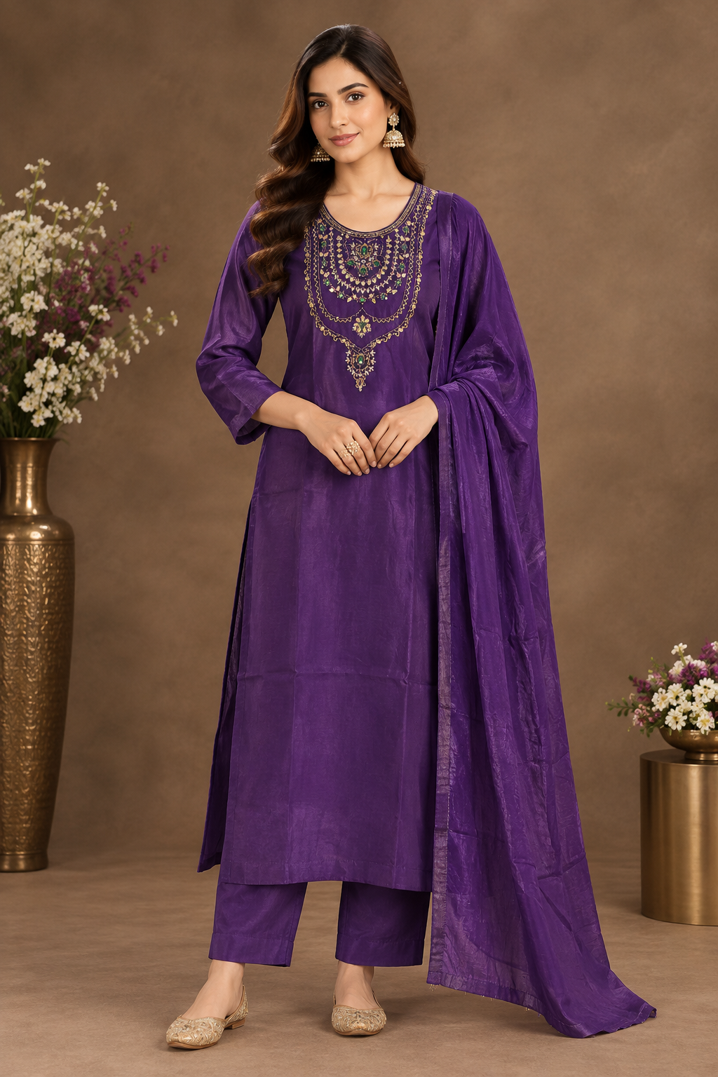 Royal Purple Embroidered Silk Anarkali Kurta Set