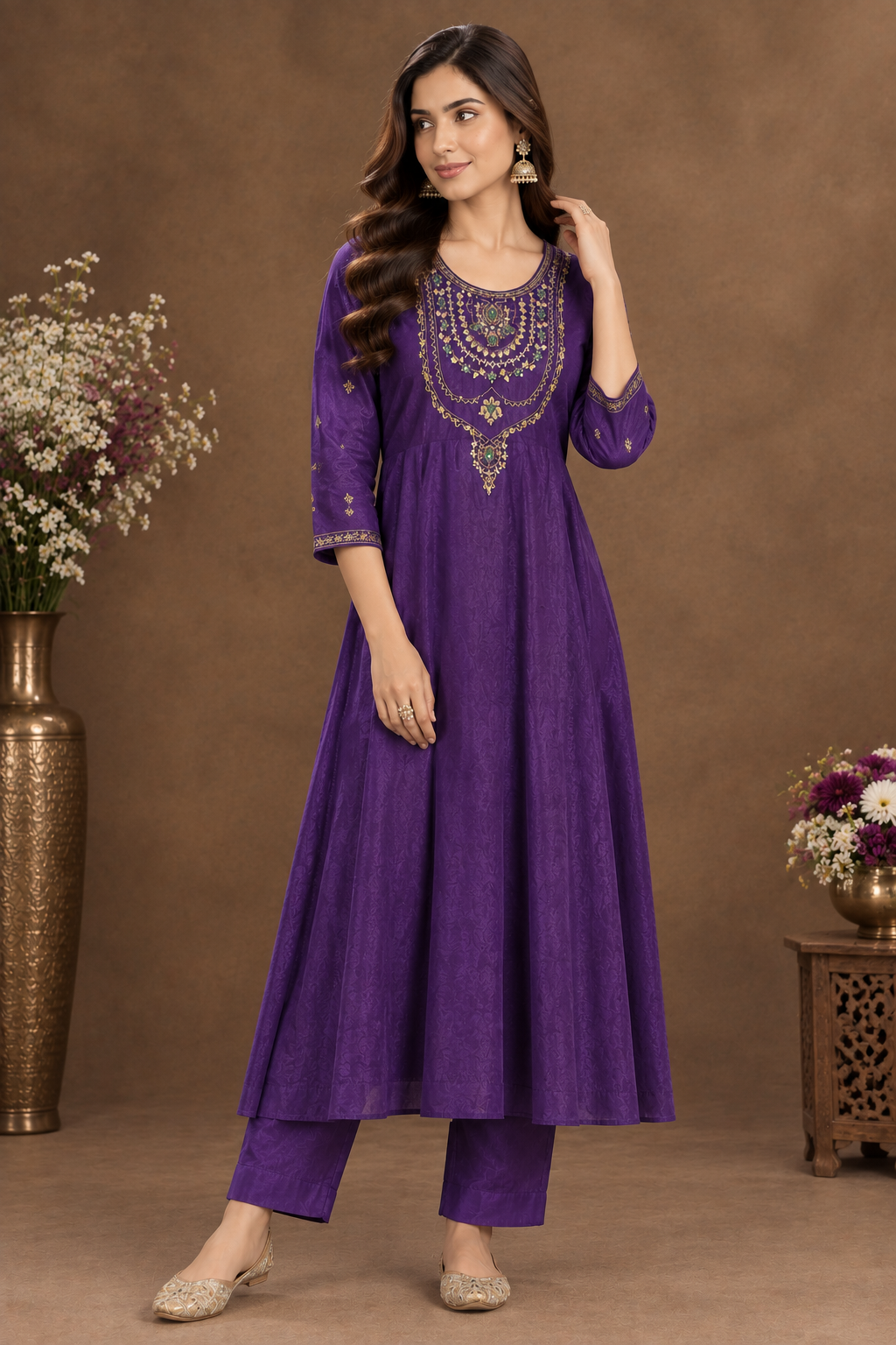 Royal Purple Embroidered Silk Anarkali Kurta Set