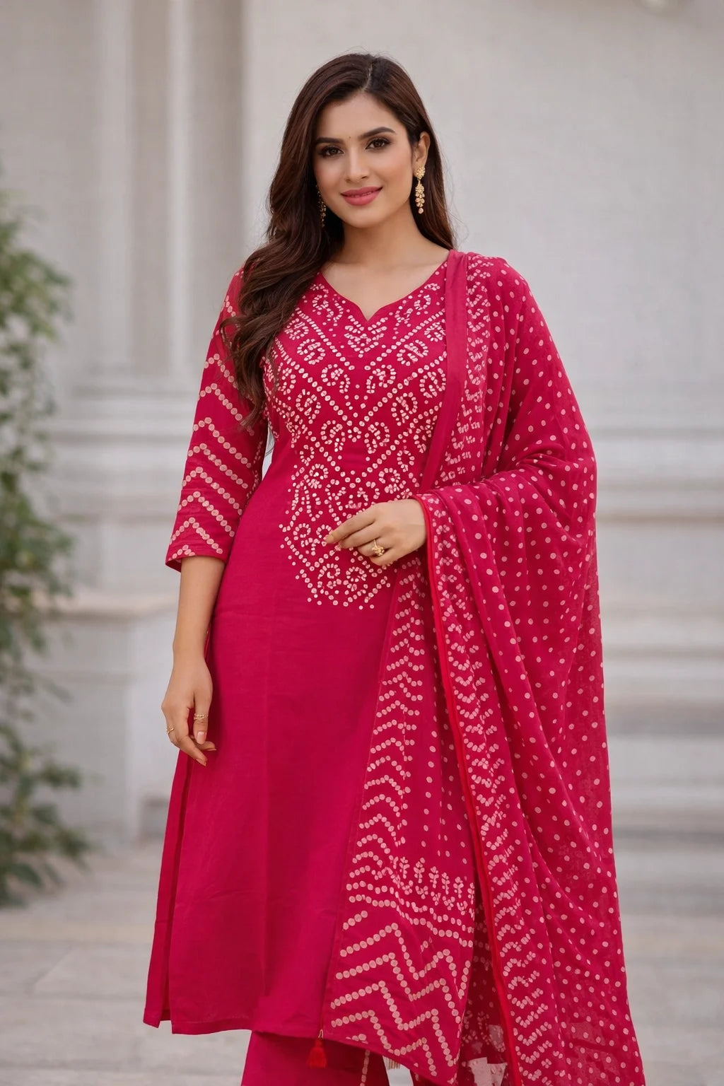 Woman wearing a pink traditional outfit with white patterns outdoors.