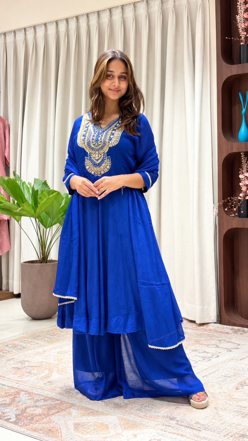Royal Blue Embroidered Anarkali Palazzo Set