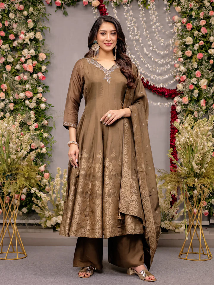 Coffee Brown Silk Anarkali Suit with Zari Work & Palazzo