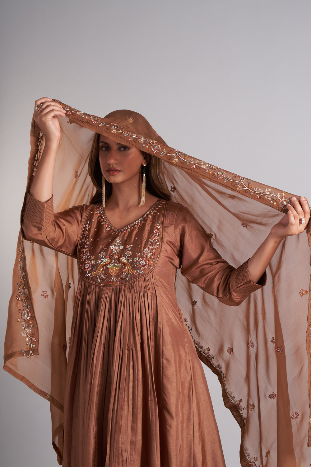 Brown Colour Anarkali Flared Kurta with Palazzo and Dupatta in Viscose Silk