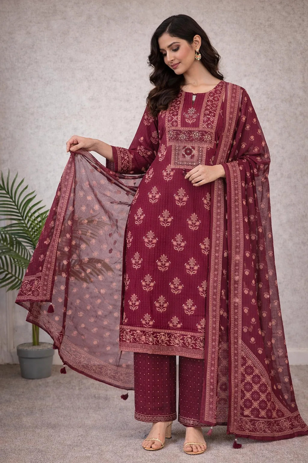 Woman wearing a maroon printed kurta with matching wide-leg trousers and a sheer patterned dupatta.