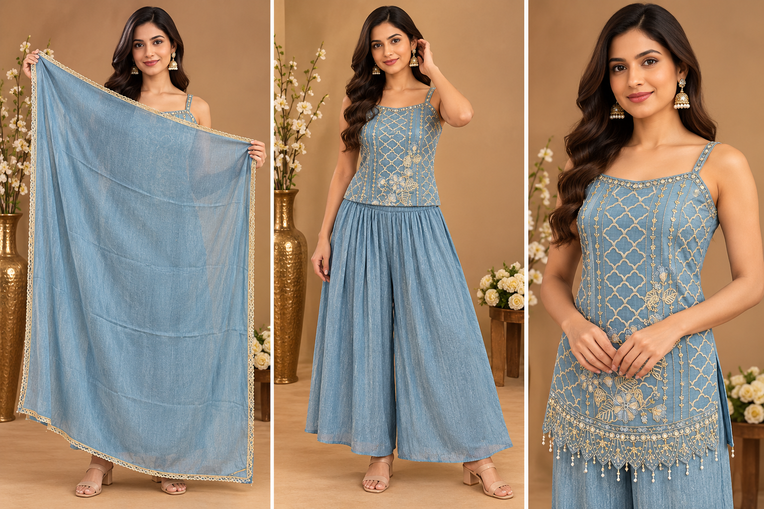 Embroidered Short Kurti Palazzo Set with Dupatta