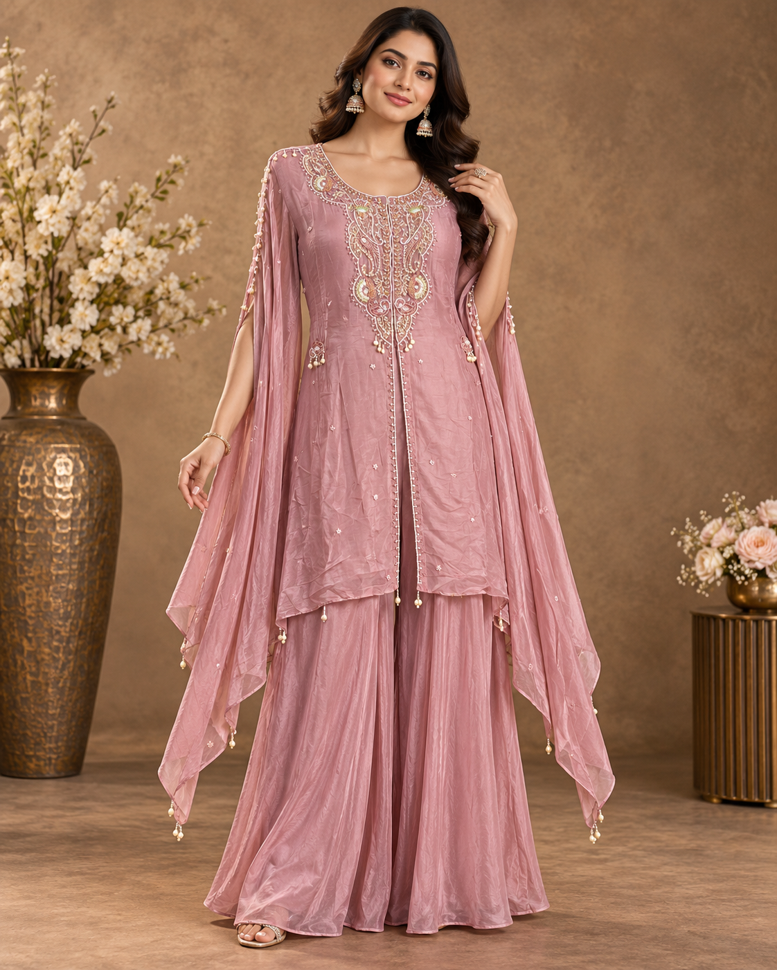 Dusty Pink Embroidered Palazzo Suit Set for Women