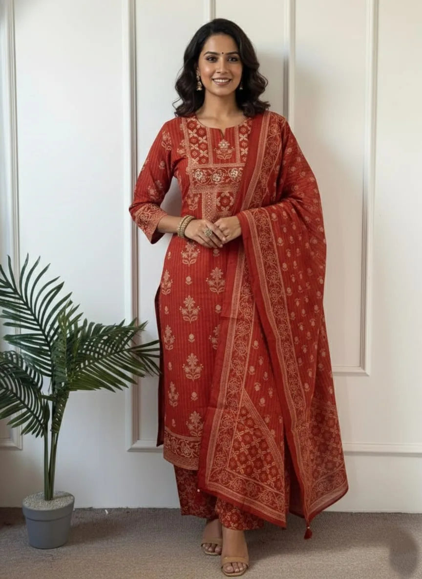 Woman wearing a rust-colored printed kurta with matching wide-leg trousers and a sheer patterned dupatta.