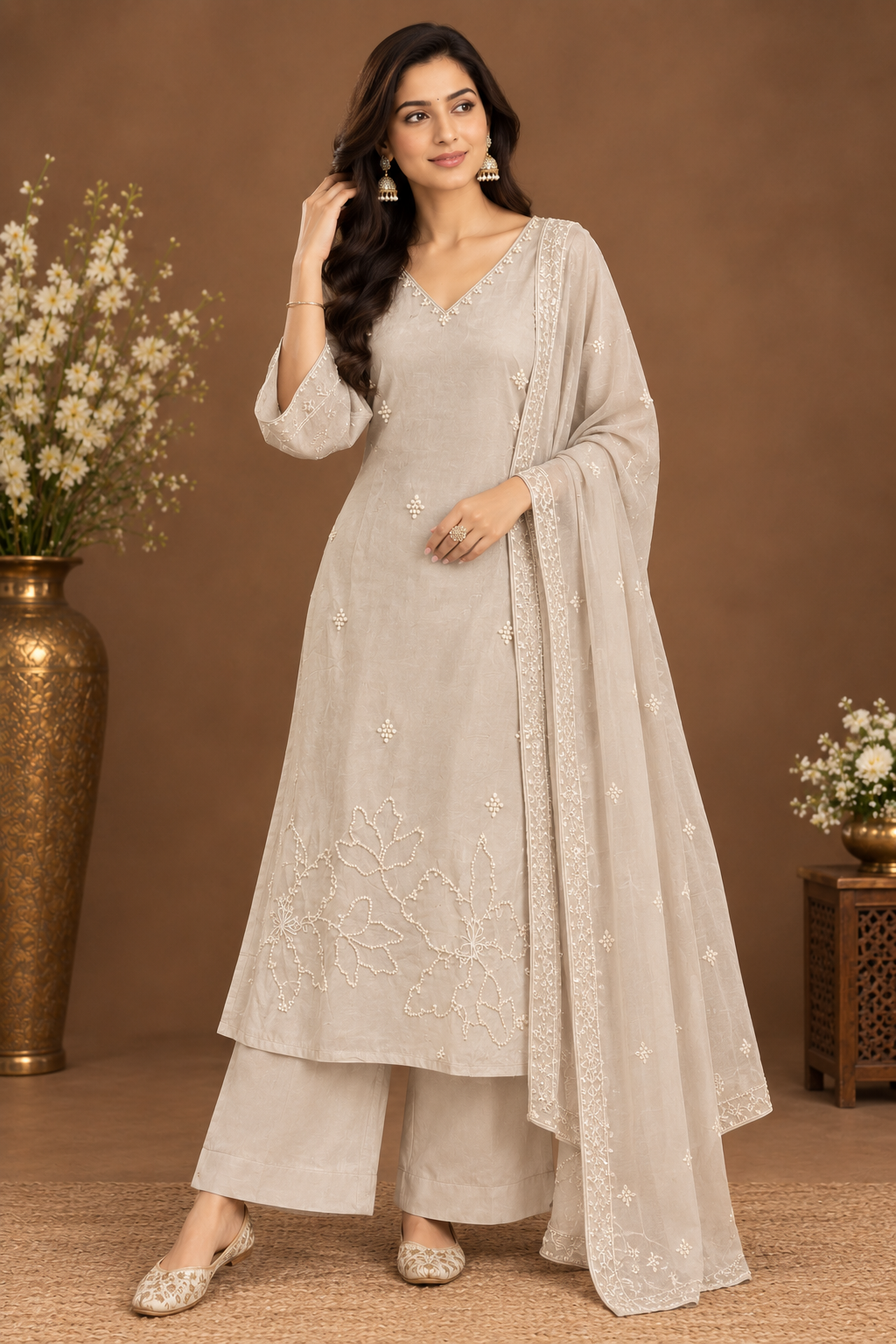 Elegant Ivory Embroidered Kurta Palazzo Set