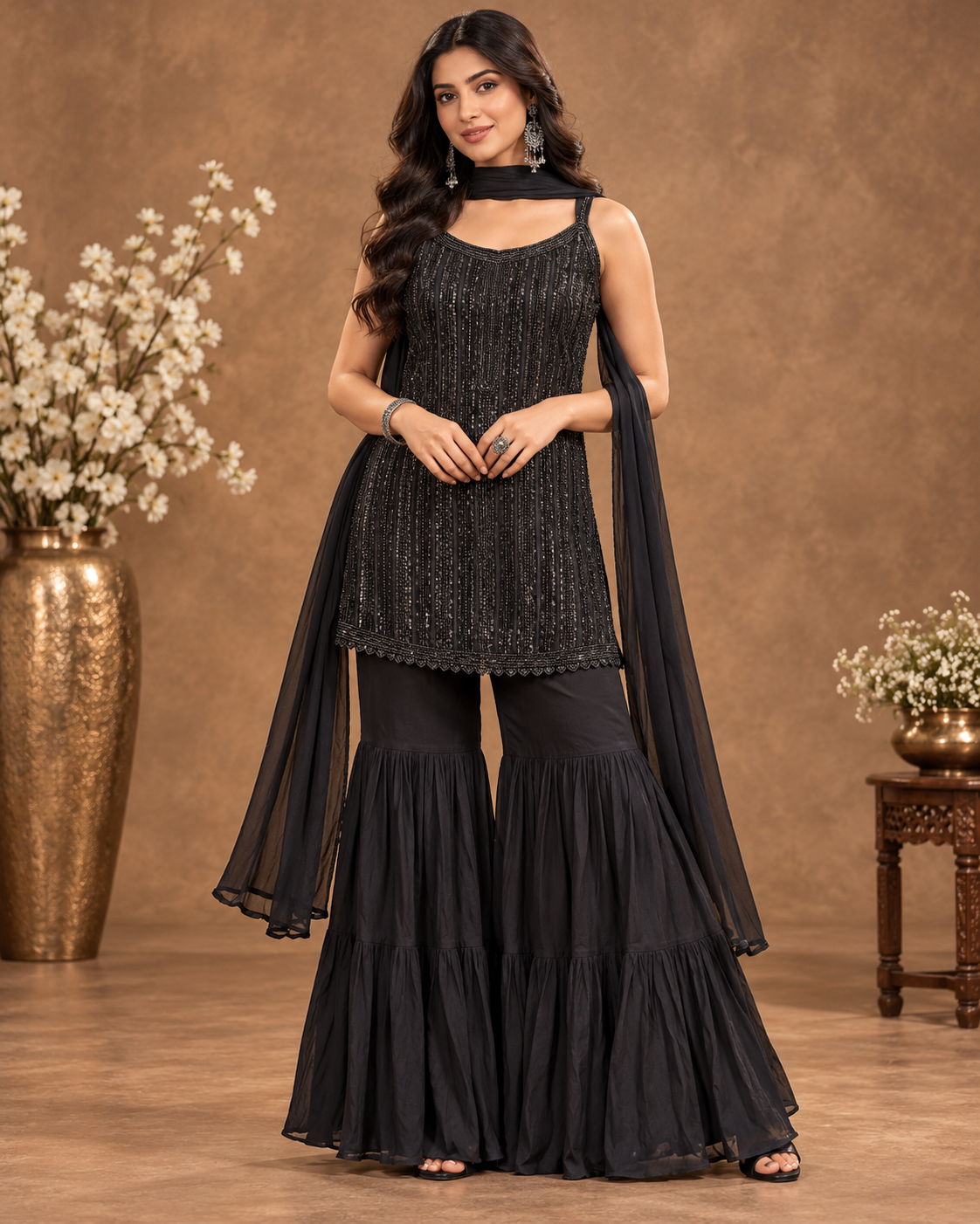 Black Embroidered Top Palazzo Set with Dupatta for Women