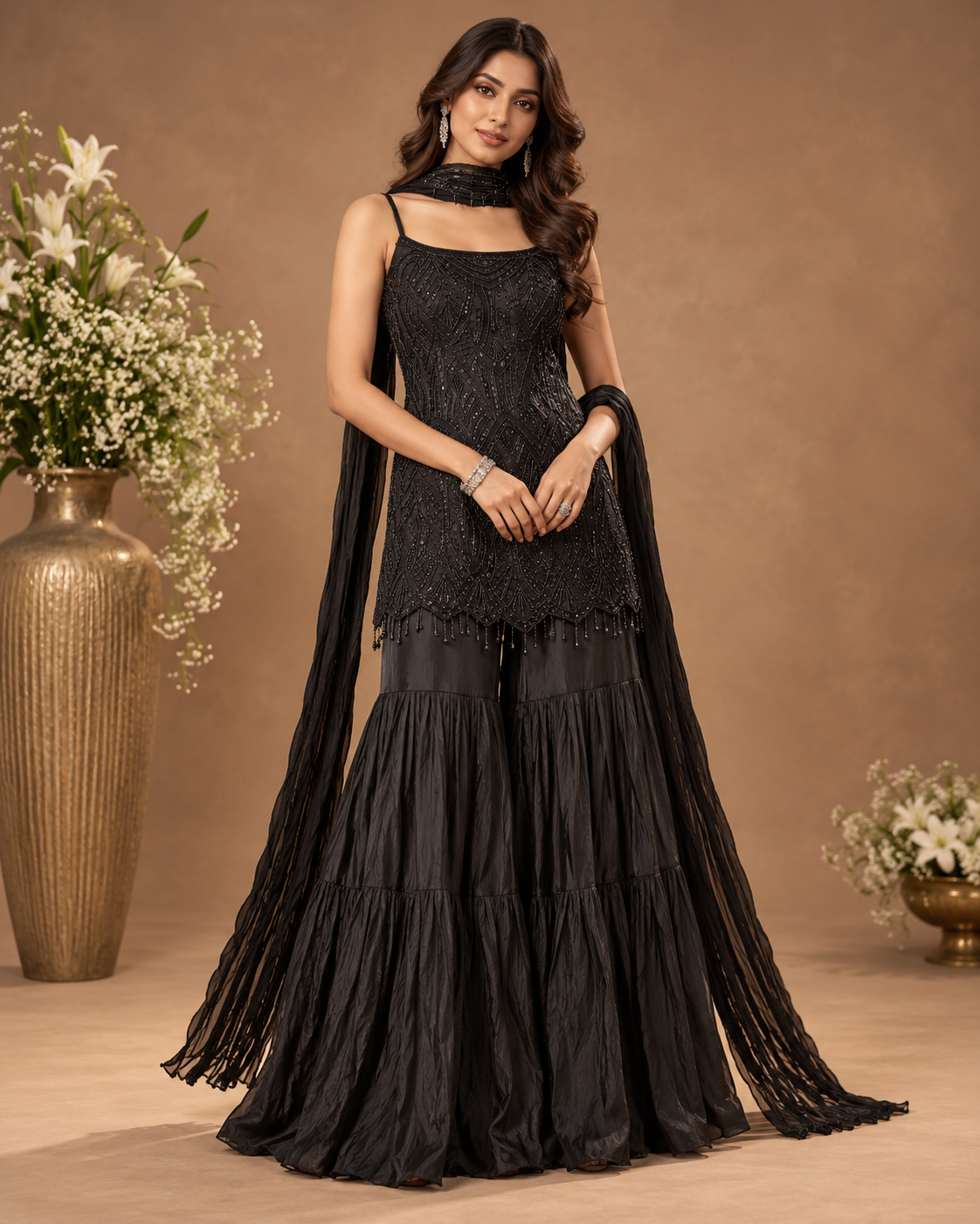 Elegant Black Embellished Sharara Suit Set
