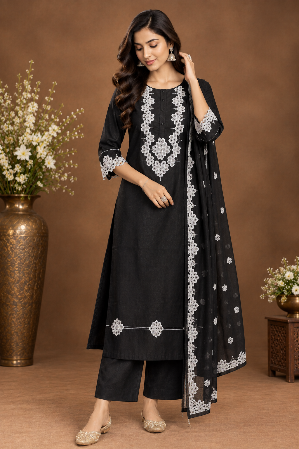 Black Embroidered Straight Kurta with Pant Set