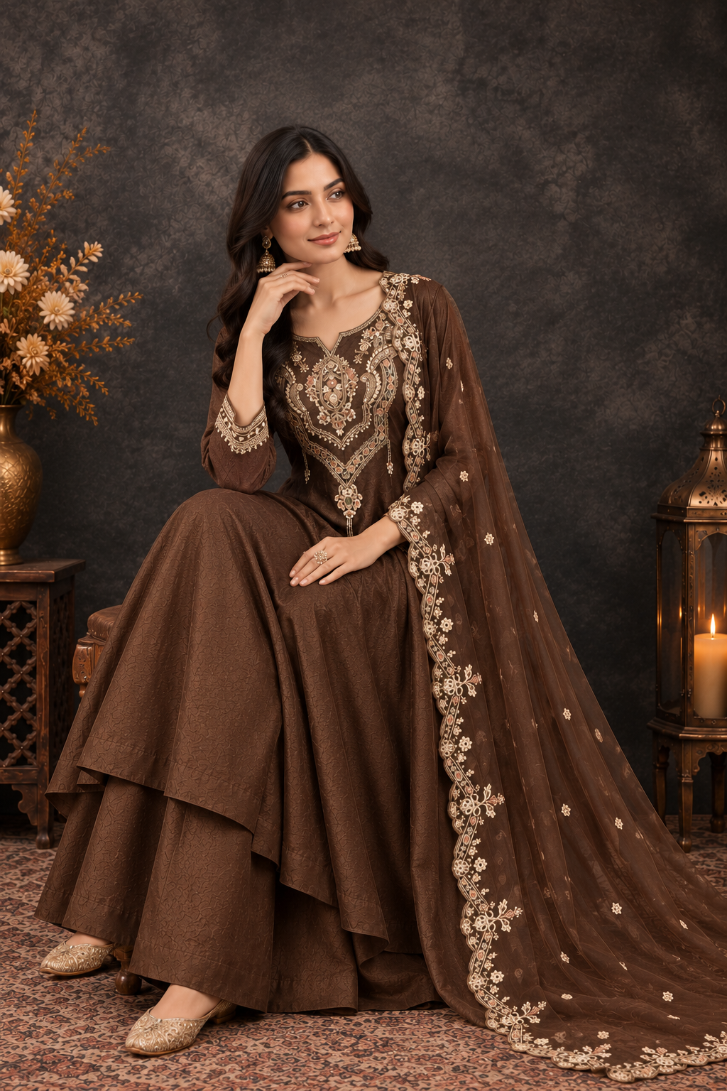 Elegant Chocolate Brown Embroidered Anarkali Suit with Dupatta