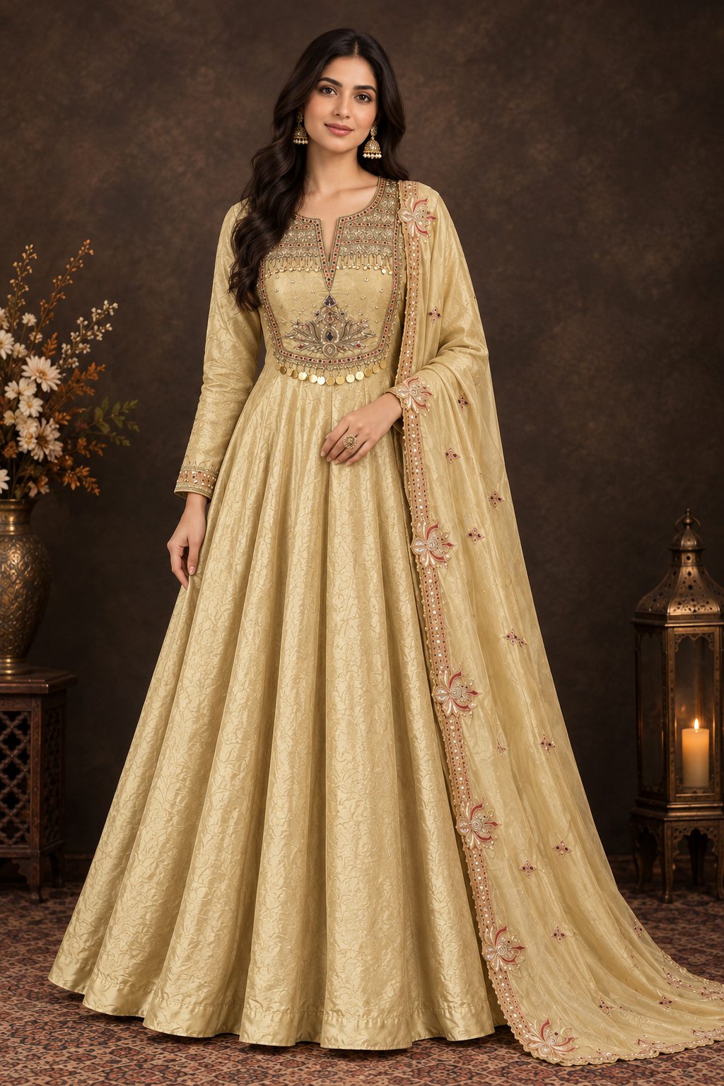 legant Champagne Gold Embroidered Anarkali Gown with Dupatta