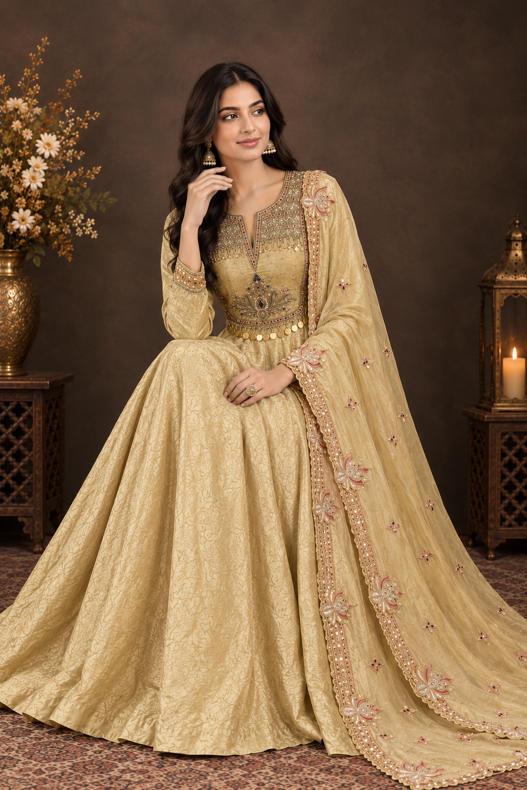 legant Champagne Gold Embroidered Anarkali Gown with Dupatta