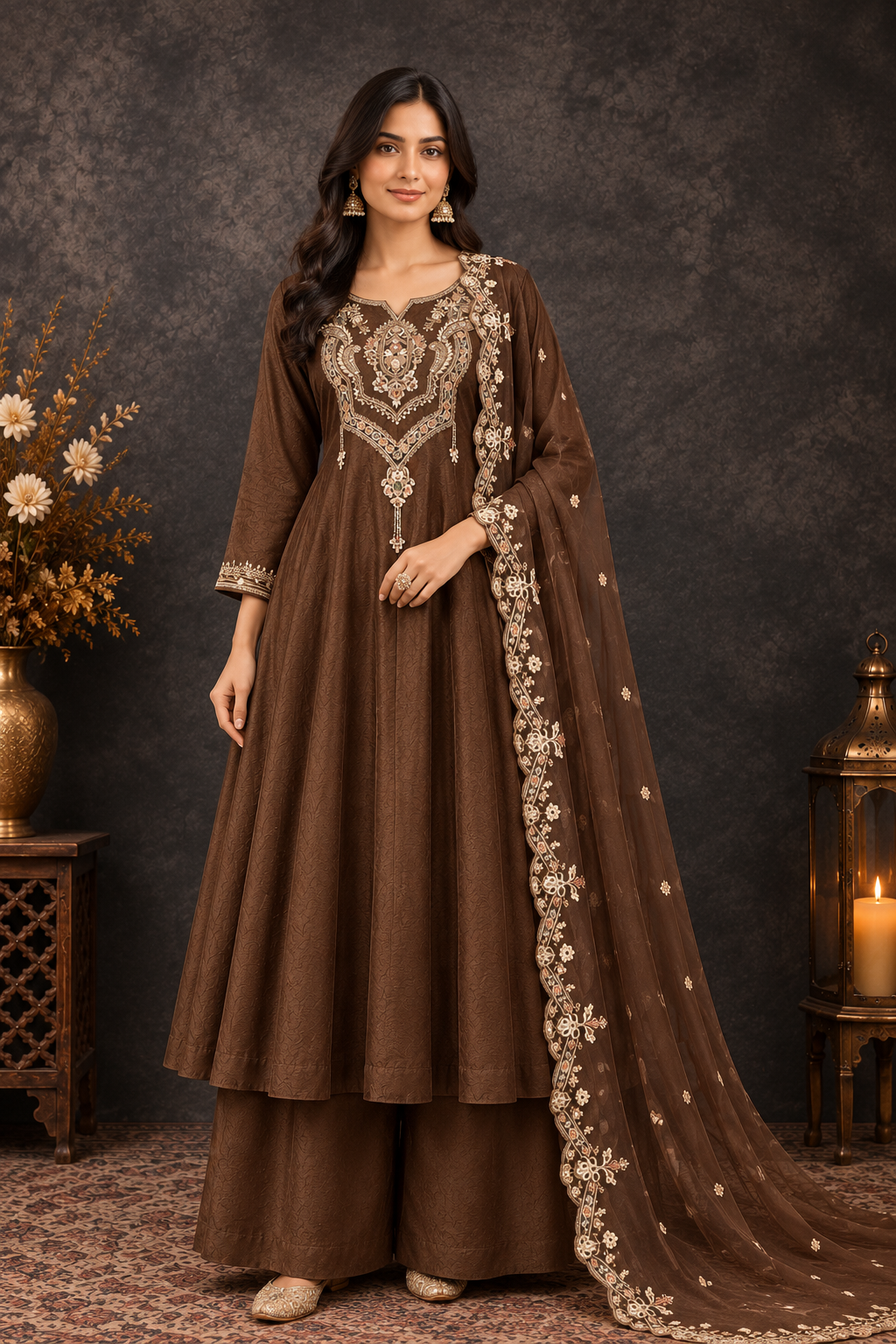 Elegant Chocolate Brown Embroidered Anarkali Suit with Dupatta