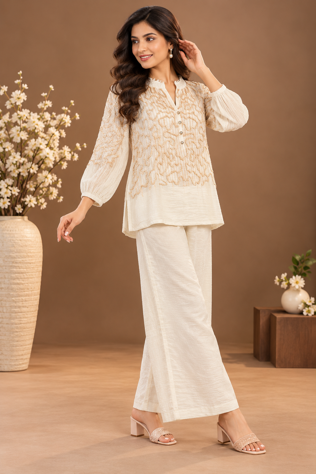 Ivory Embroidered Top and Palazzo Set