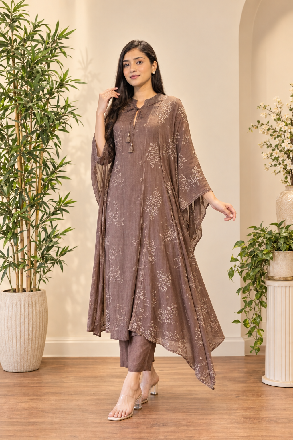 Elegant Taupe Brown Printed Kurta Palazzo Set with Dupatta