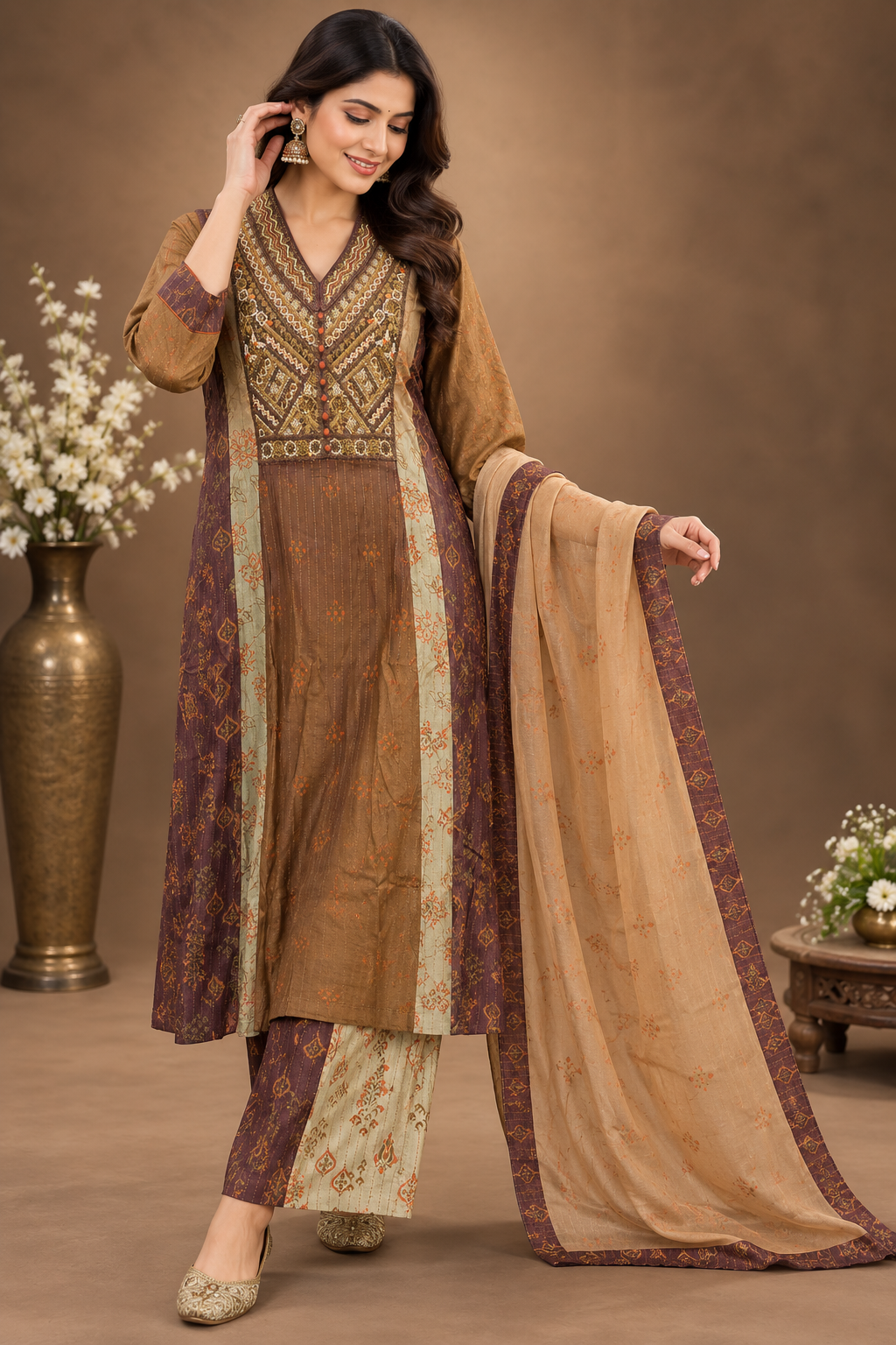 Elegant Brown Printed Palazzo Suit Set