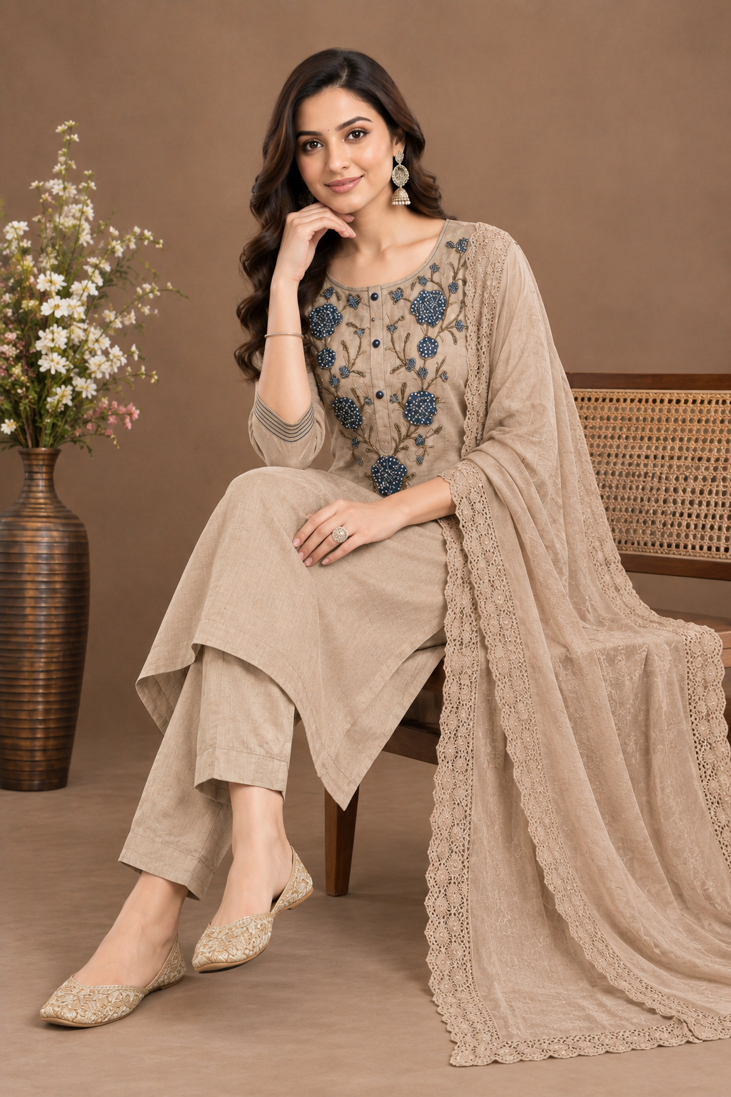 Elegant Beige Embroidered Salwar Suit Set