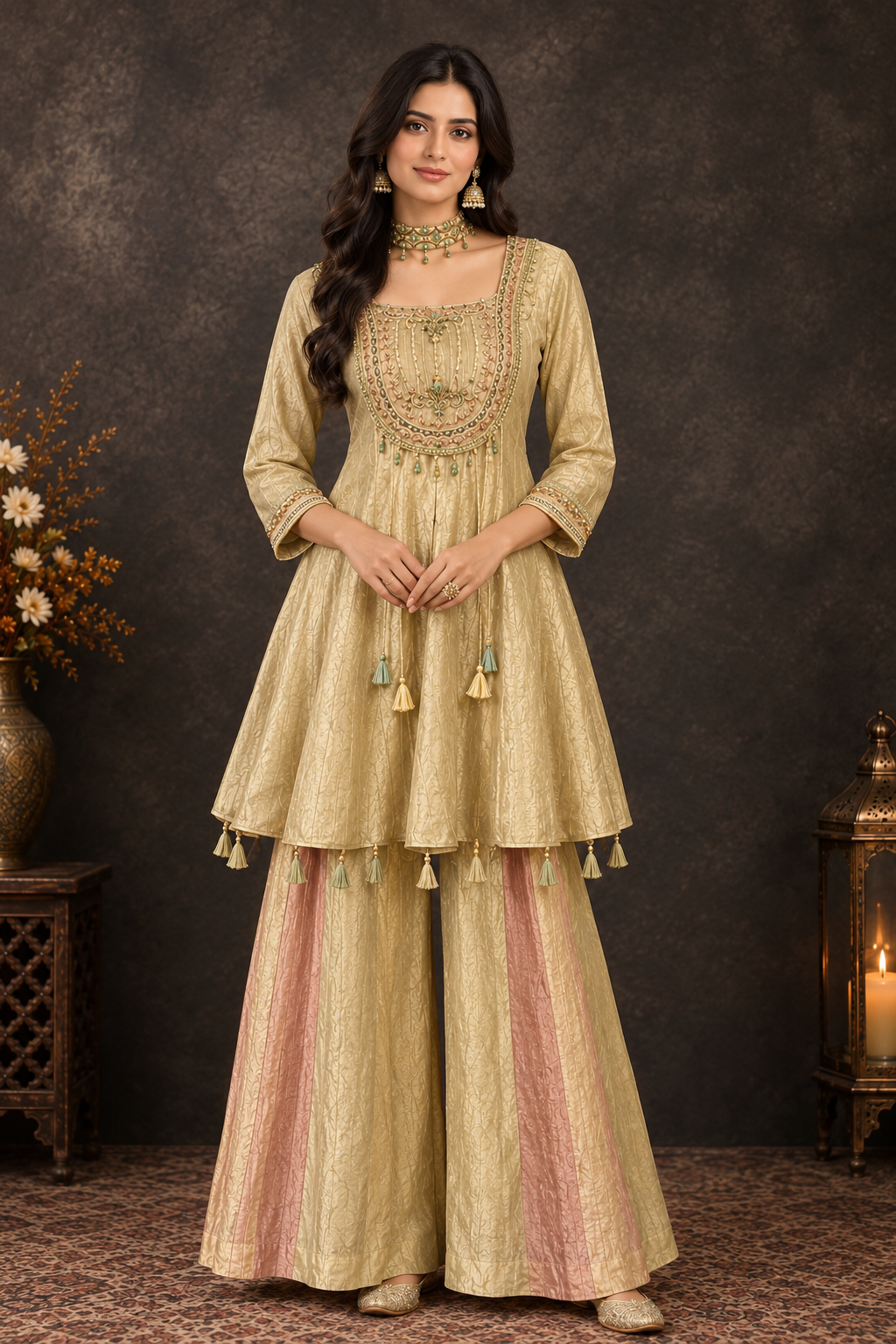 Elegant Gold Embroidered Kurti Palazzo Set with Pink Panels