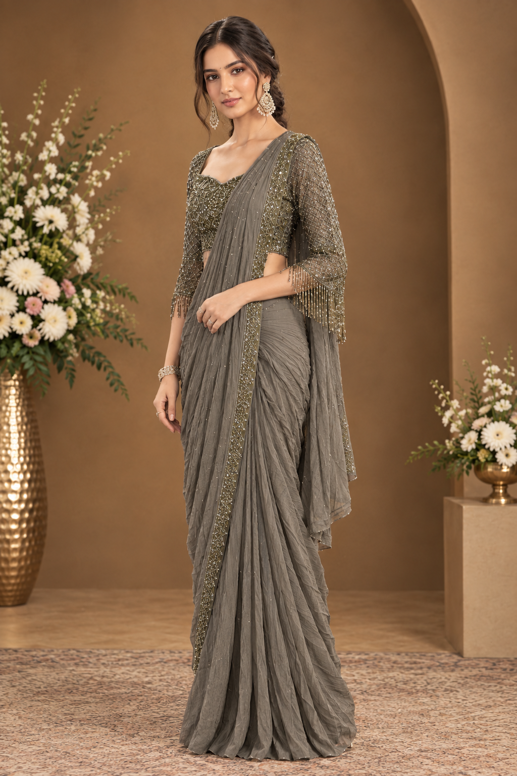 Elegant Grey Ruffle Saree with Embellished Blouse
