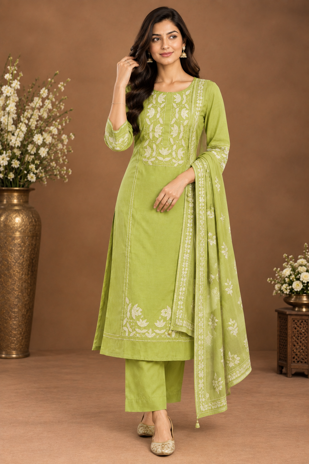 Elegant Lime Green Embroidered Kurta Set
