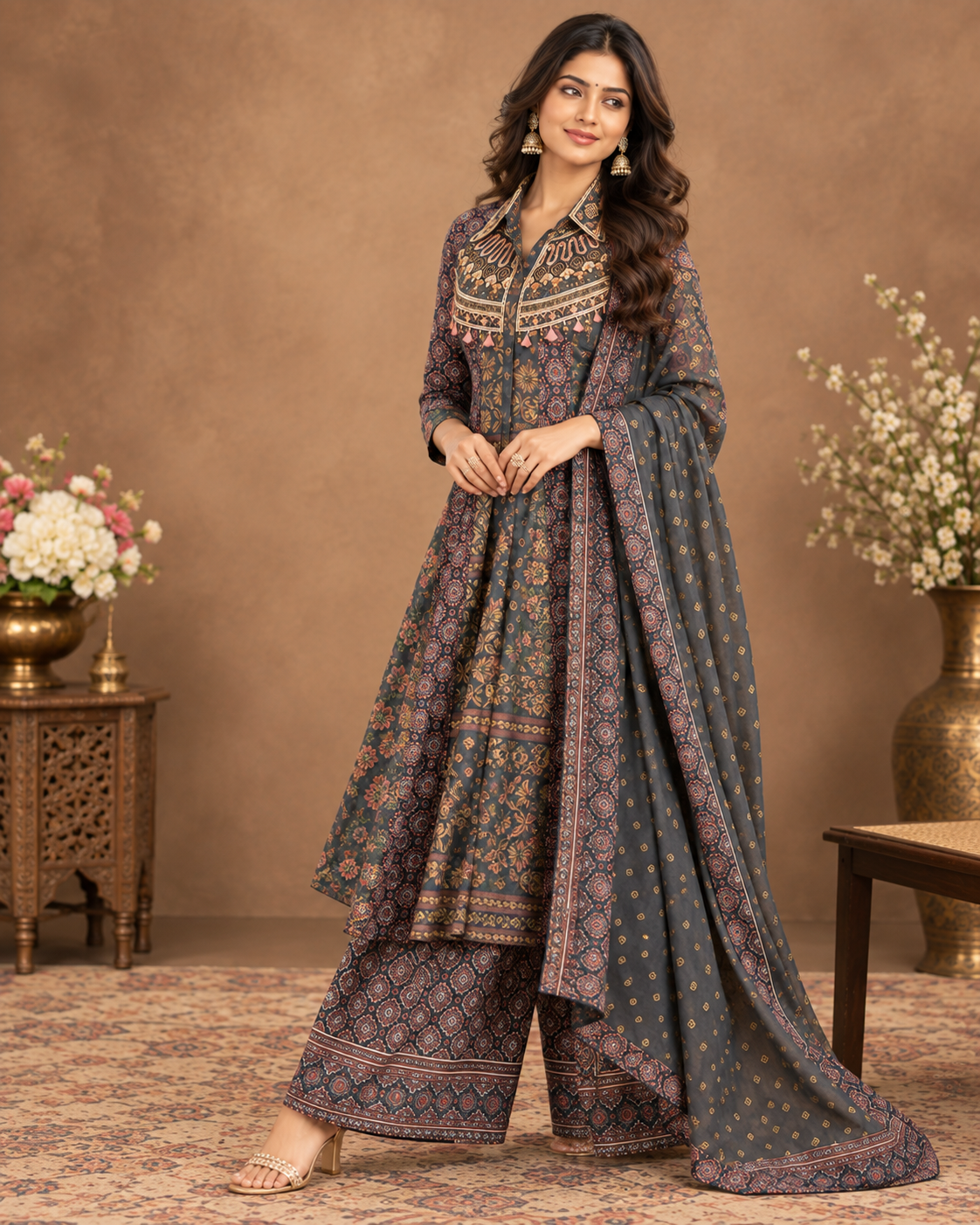Elegant Printed Grey Palazzo Suit Set