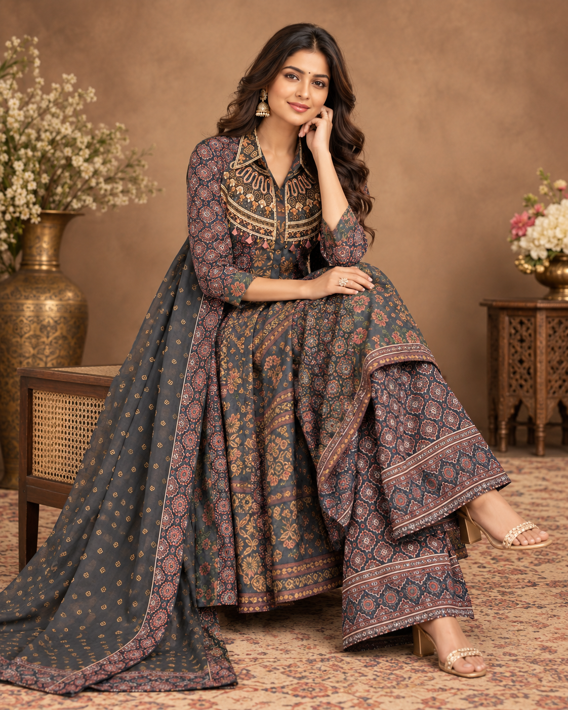 Elegant Printed Grey Palazzo Suit Set