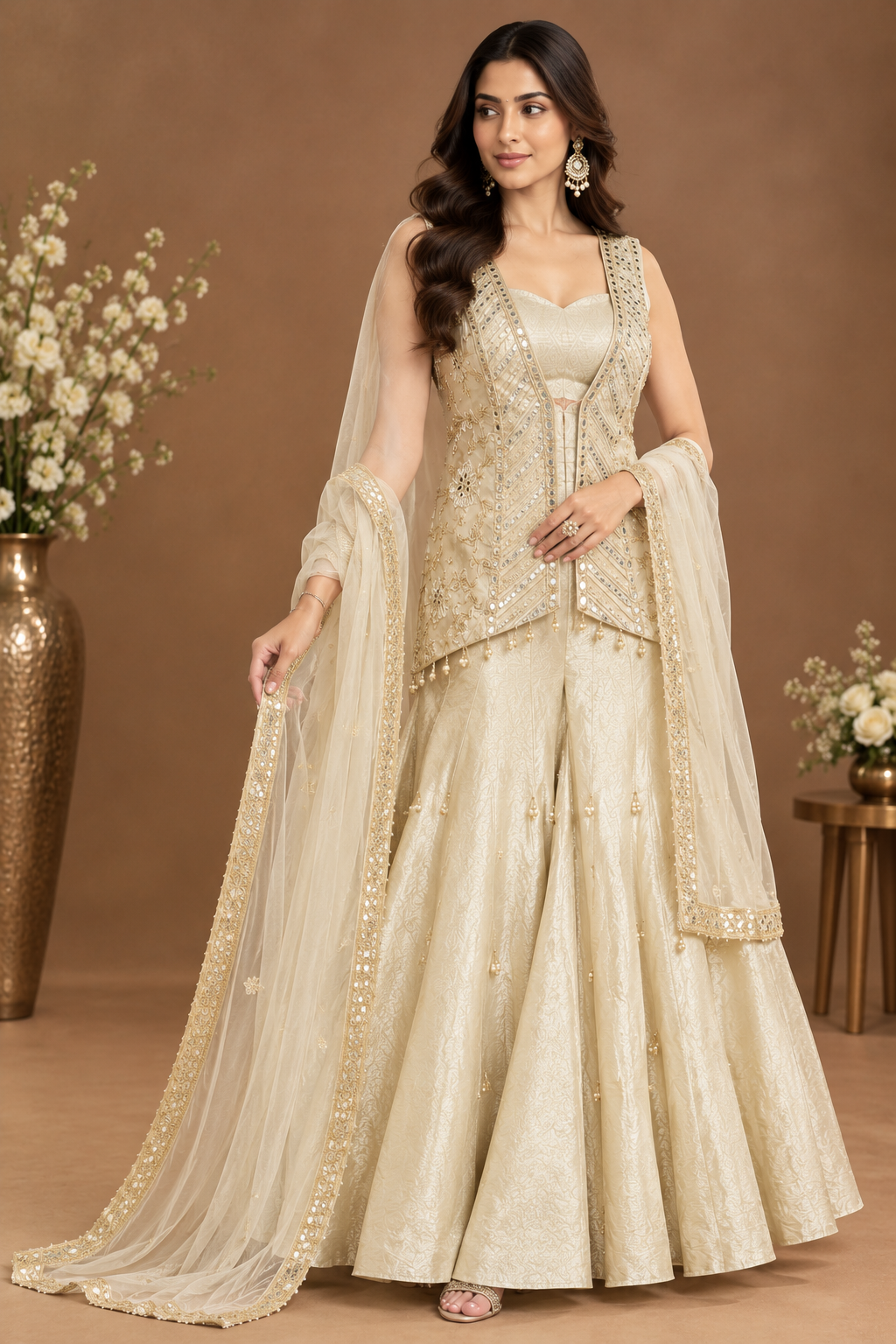 Elegant Sage Green Embellished Palazzo Suit Set