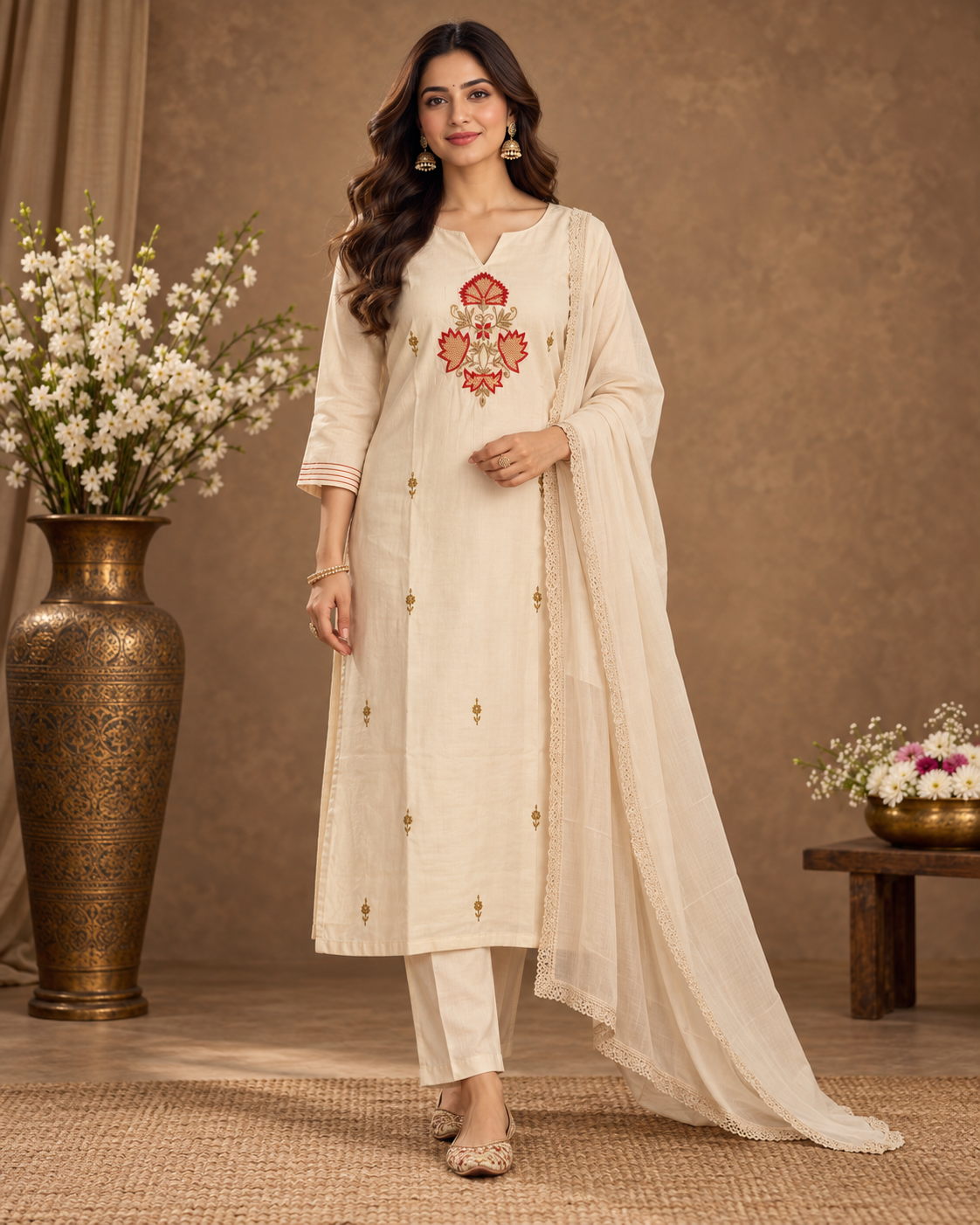 Elegant Ivory Embroidered Kurta Set with Dupatta