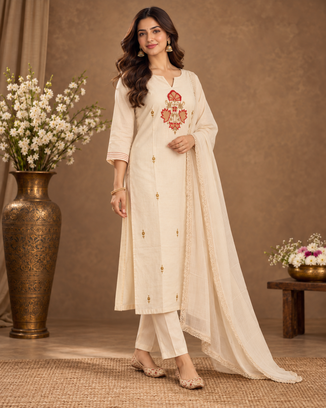 Elegant Ivory Embroidered Kurta Set with Dupatta