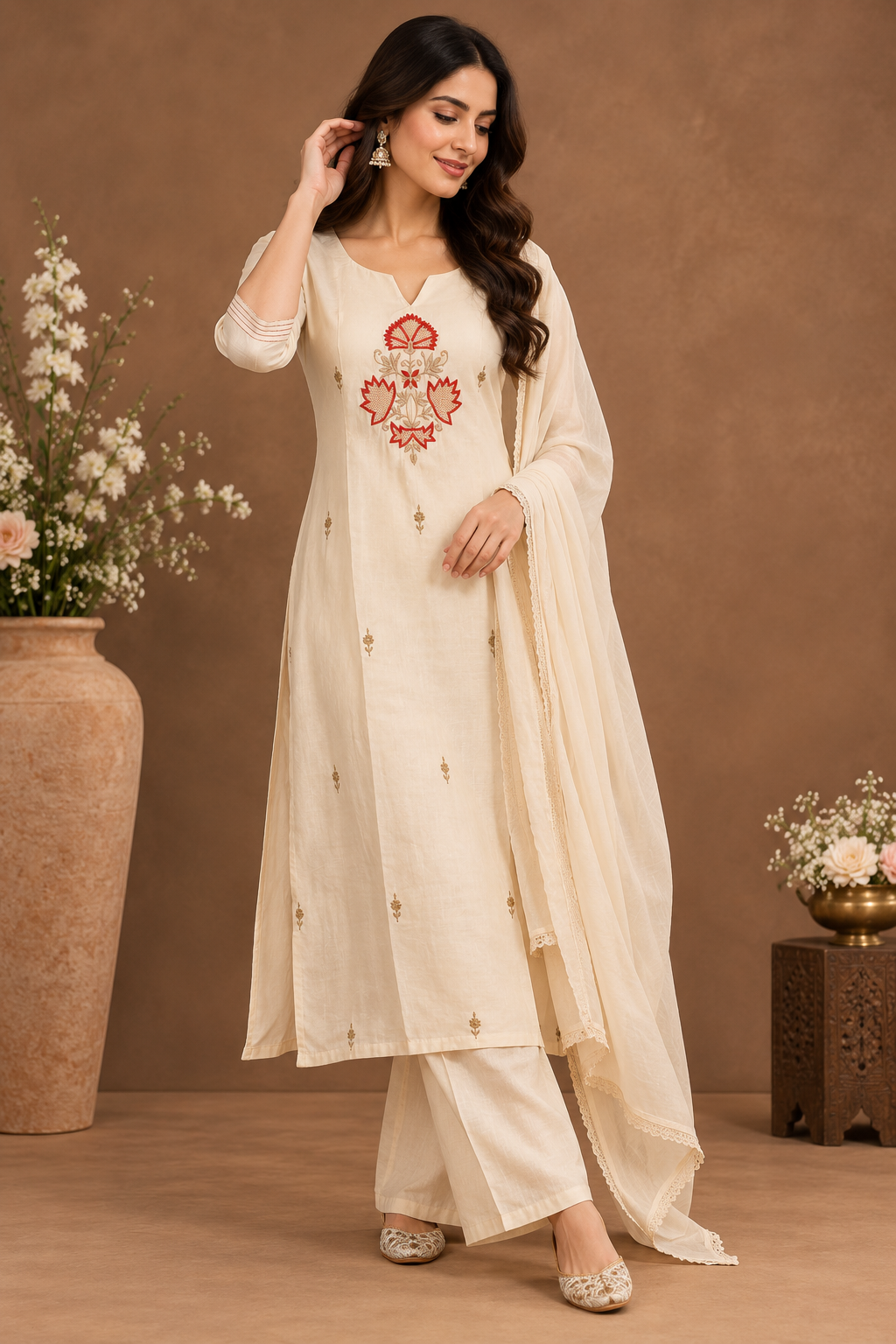 Elegant Ivory Embroidered Kurta Set with Dupatta