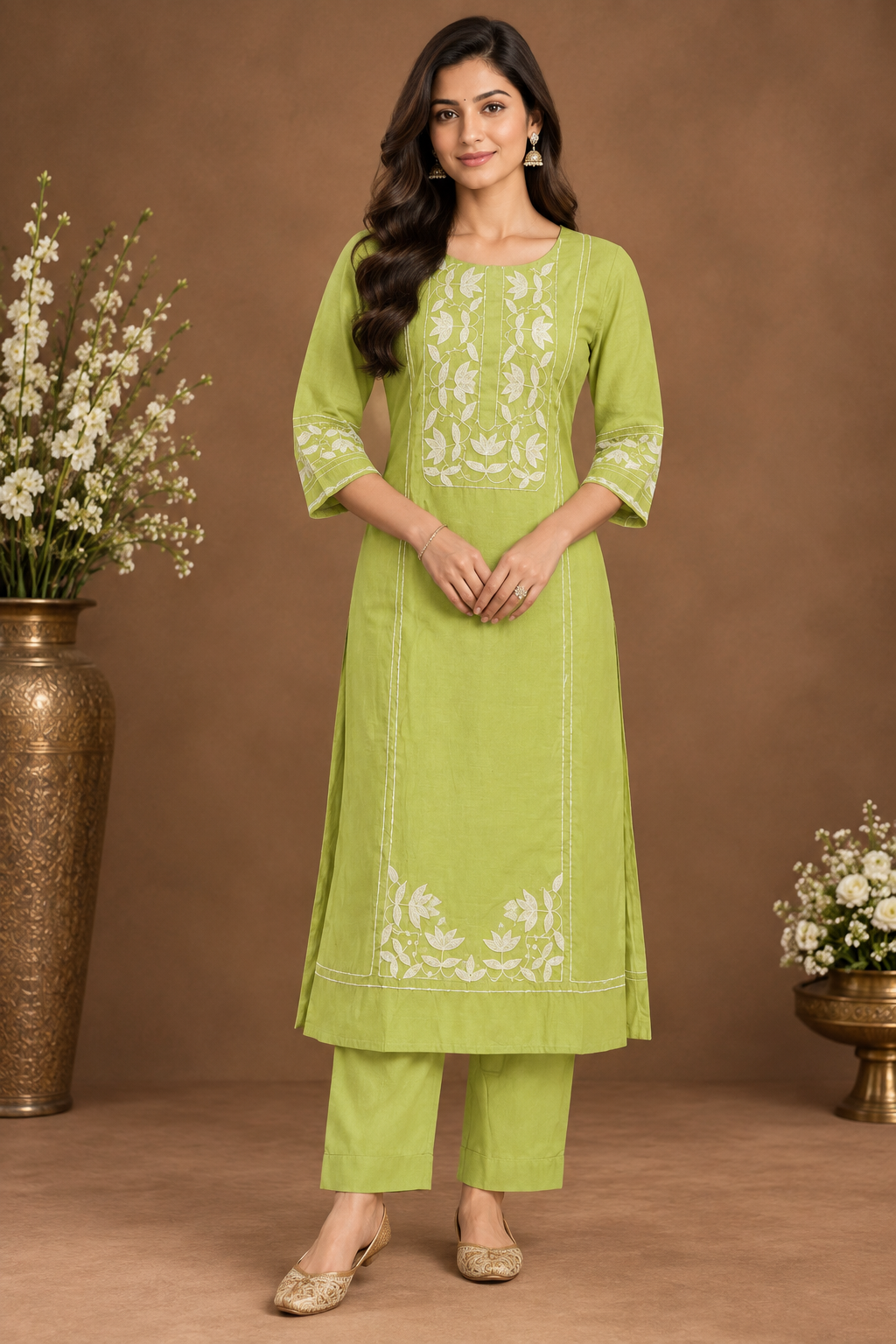 Elegant Lime Green Embroidered Kurta Set