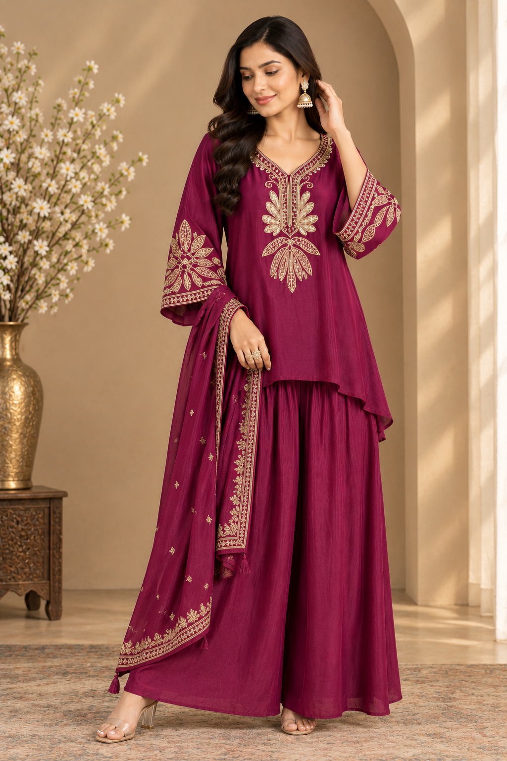 Wine Embroidered Kurta Palazzo Set