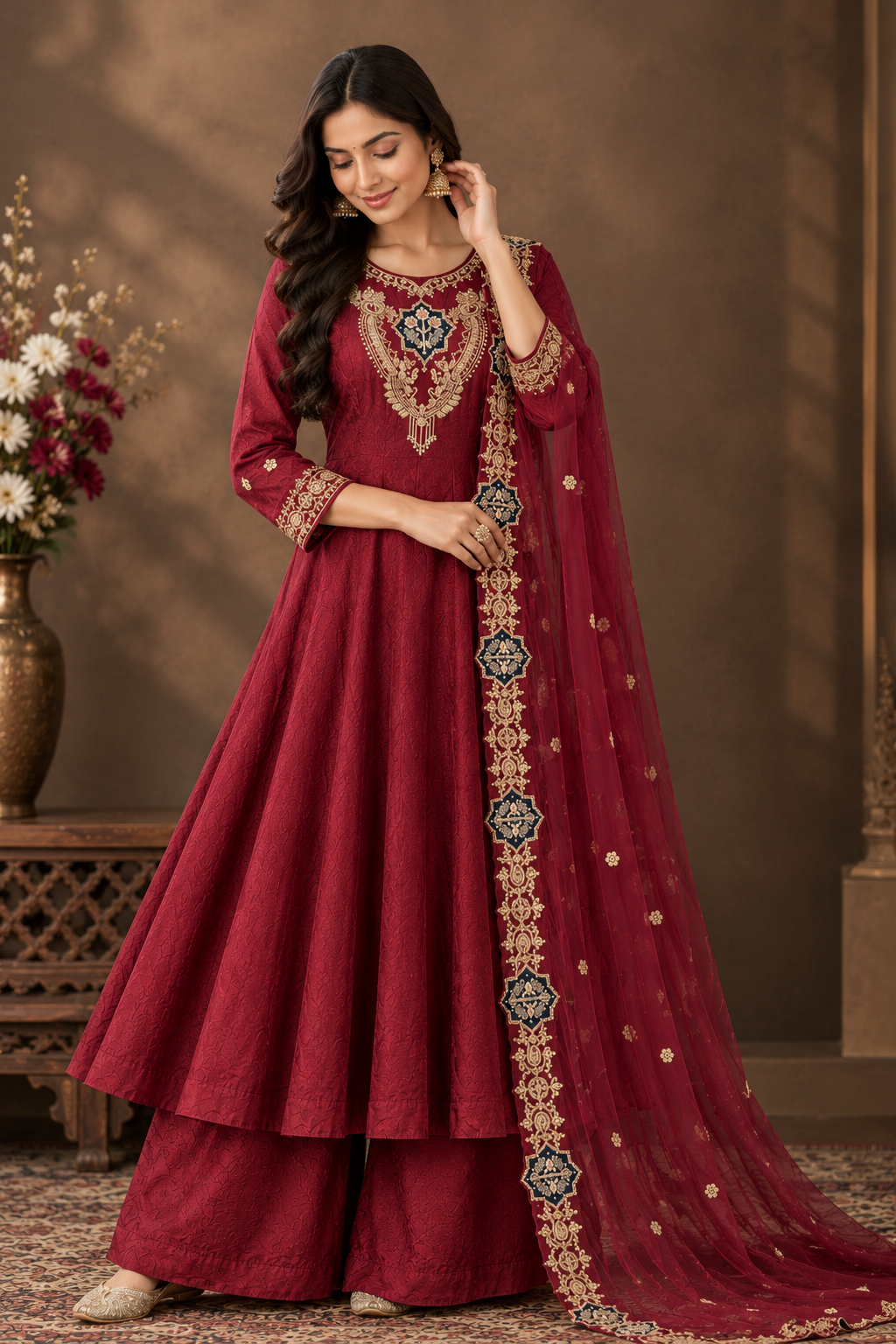 Elegant Maroon Anarkali Suit Set with Golden Embroidered Dupatta