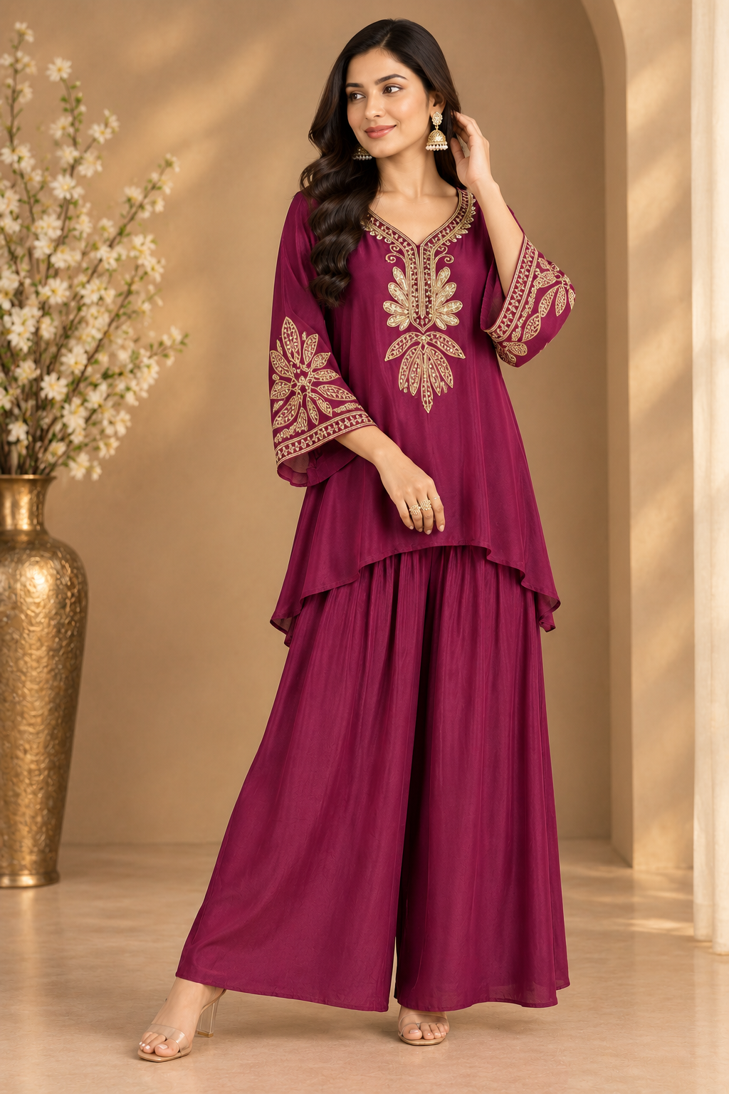 Wine Embroidered Kurta Palazzo Set