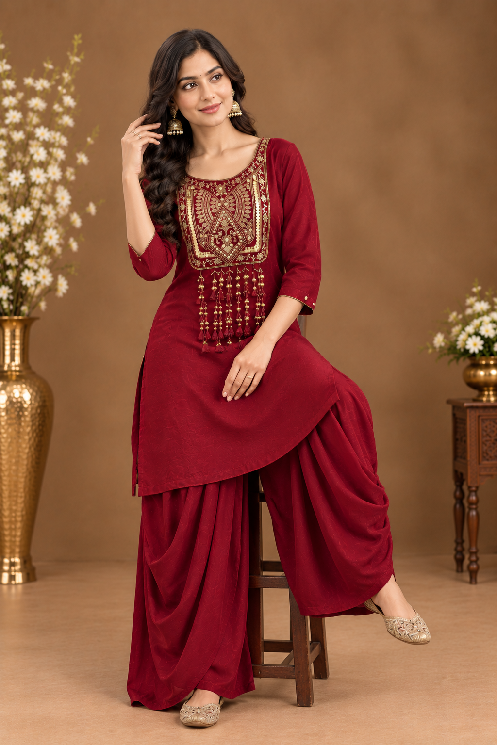 Women’s Embroidered Kurta with Dhoti Style Palazzo Set