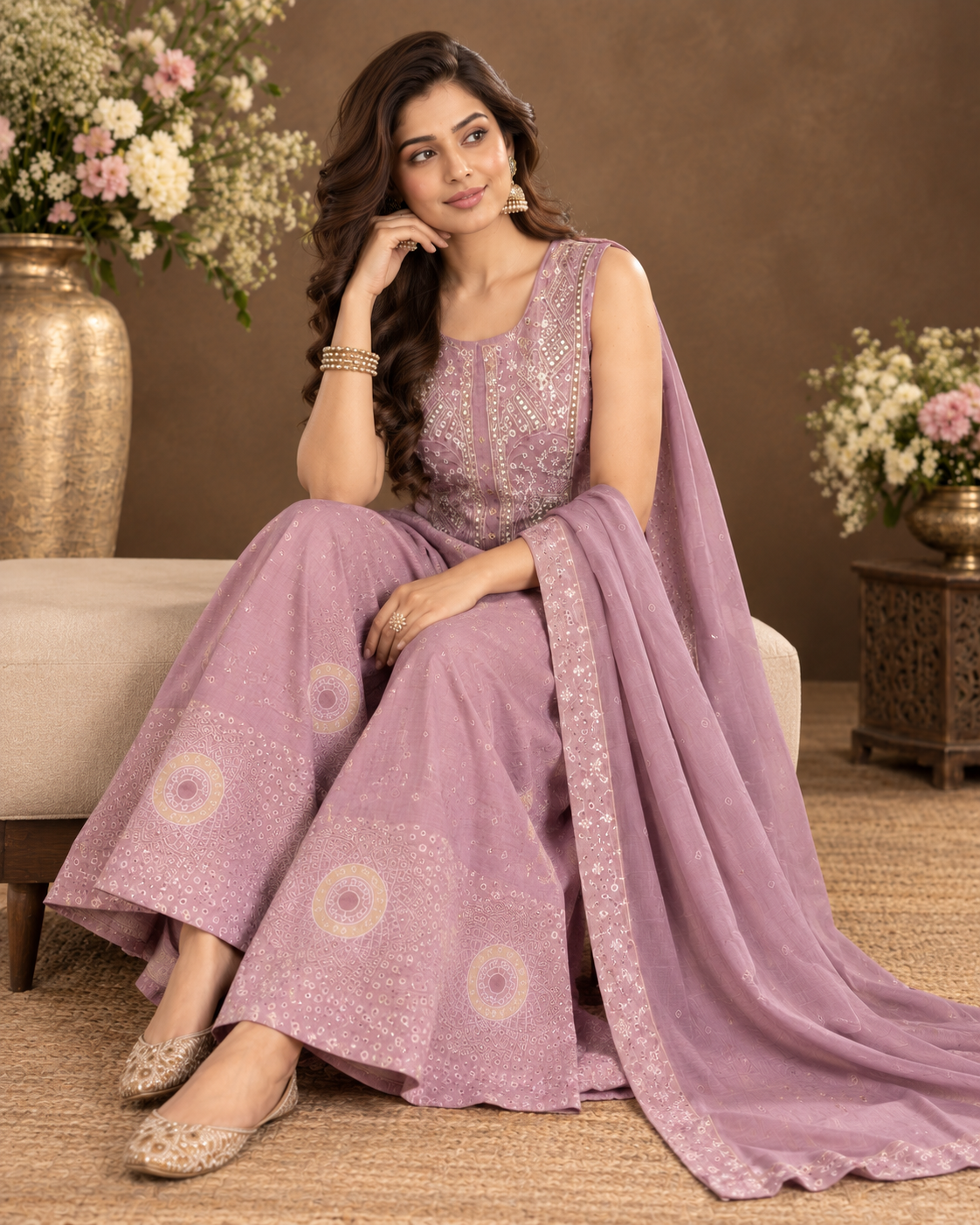 Elegant Mauve Embroidered Anarkali Sharara Set