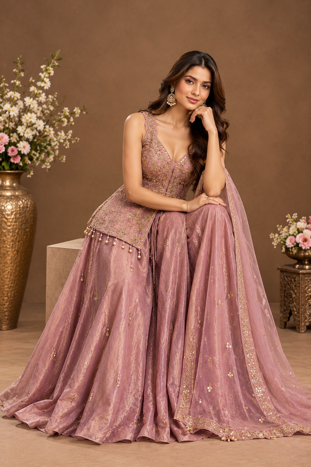 Elegant Mauve Embroidered Palazzo Suit Set