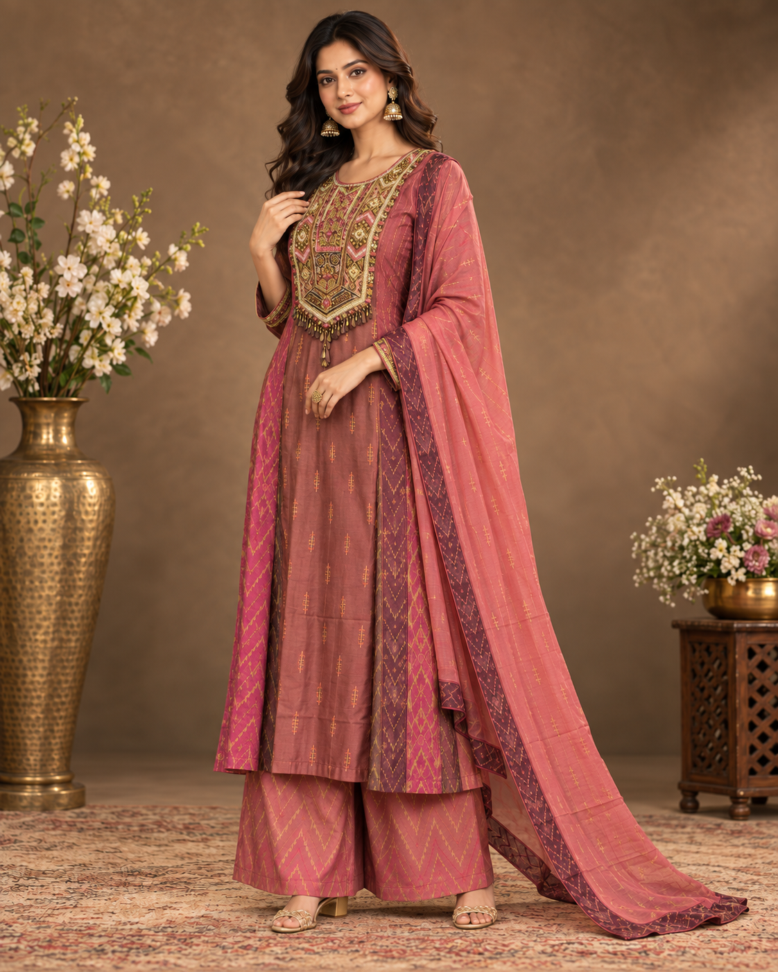 Maroon Embroidered Kurta Palazzo Set with Dupatta